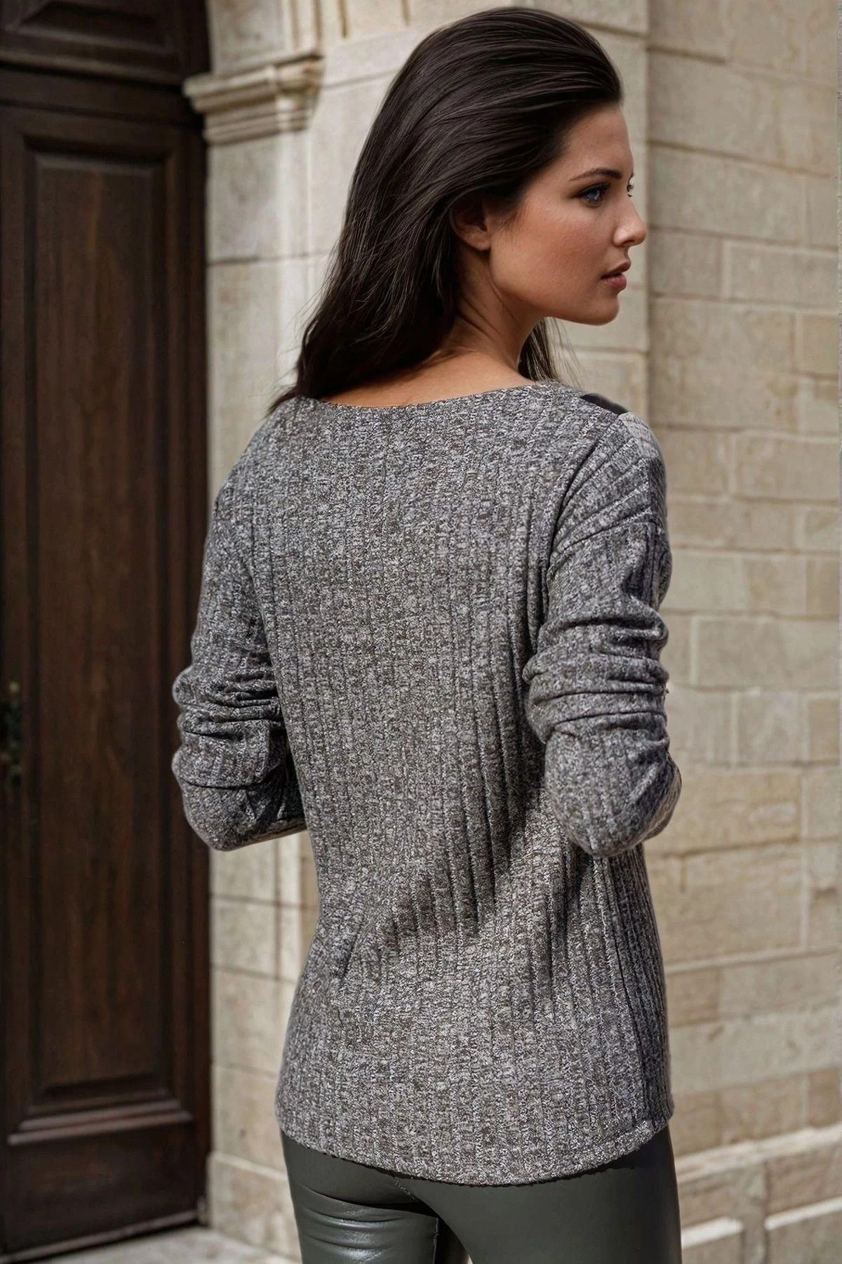 Antrasit V Yaka, Çift Şerit Detaylı, Triko Bluz