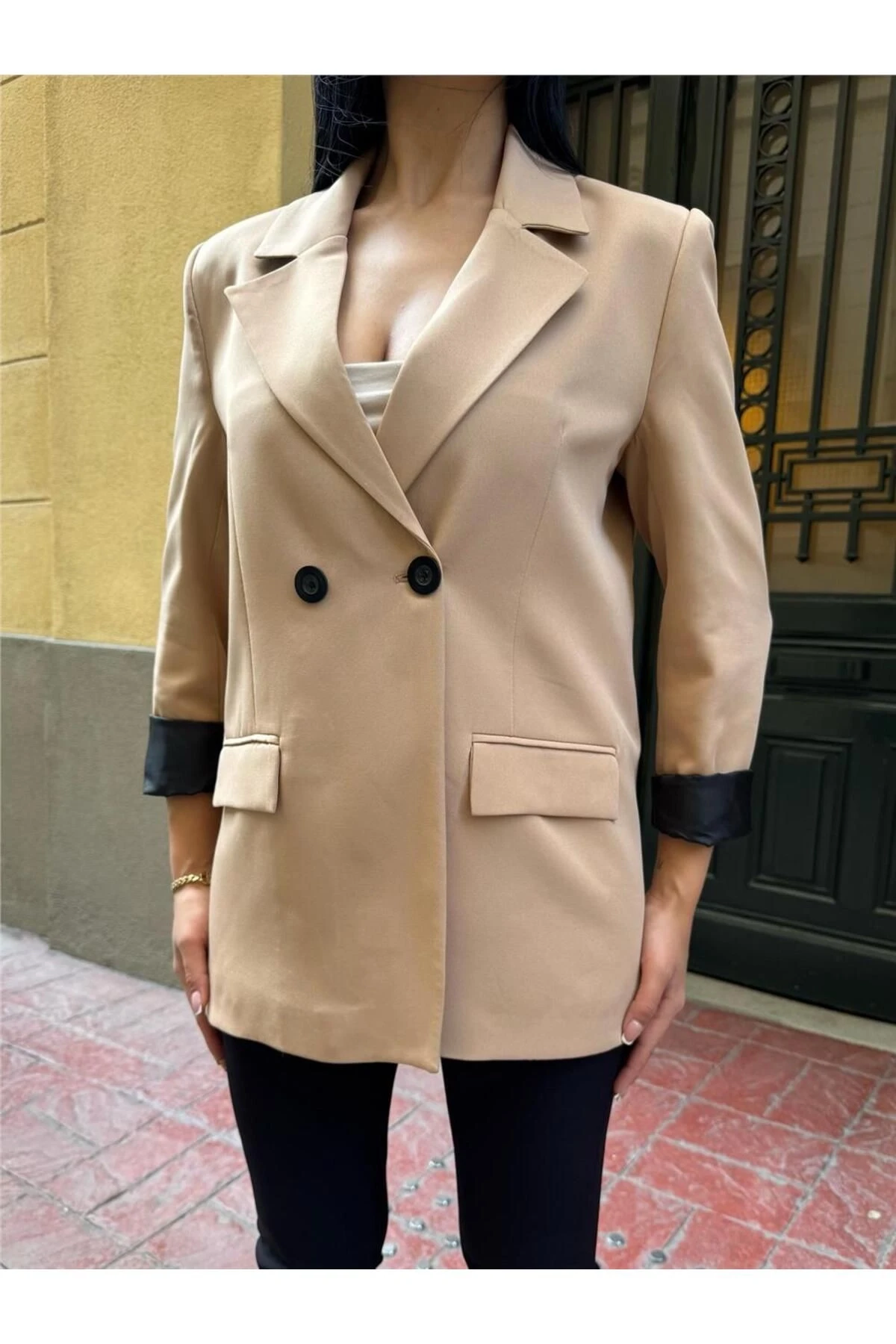 Bej İki Düğmeli Polyester Keten Ceket