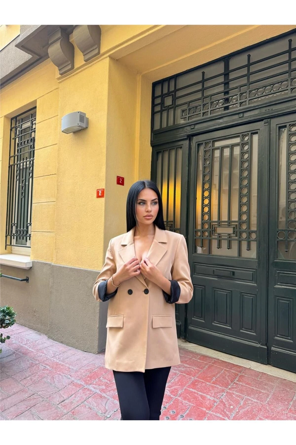 Bej İki Düğmeli Polyester Keten Ceket