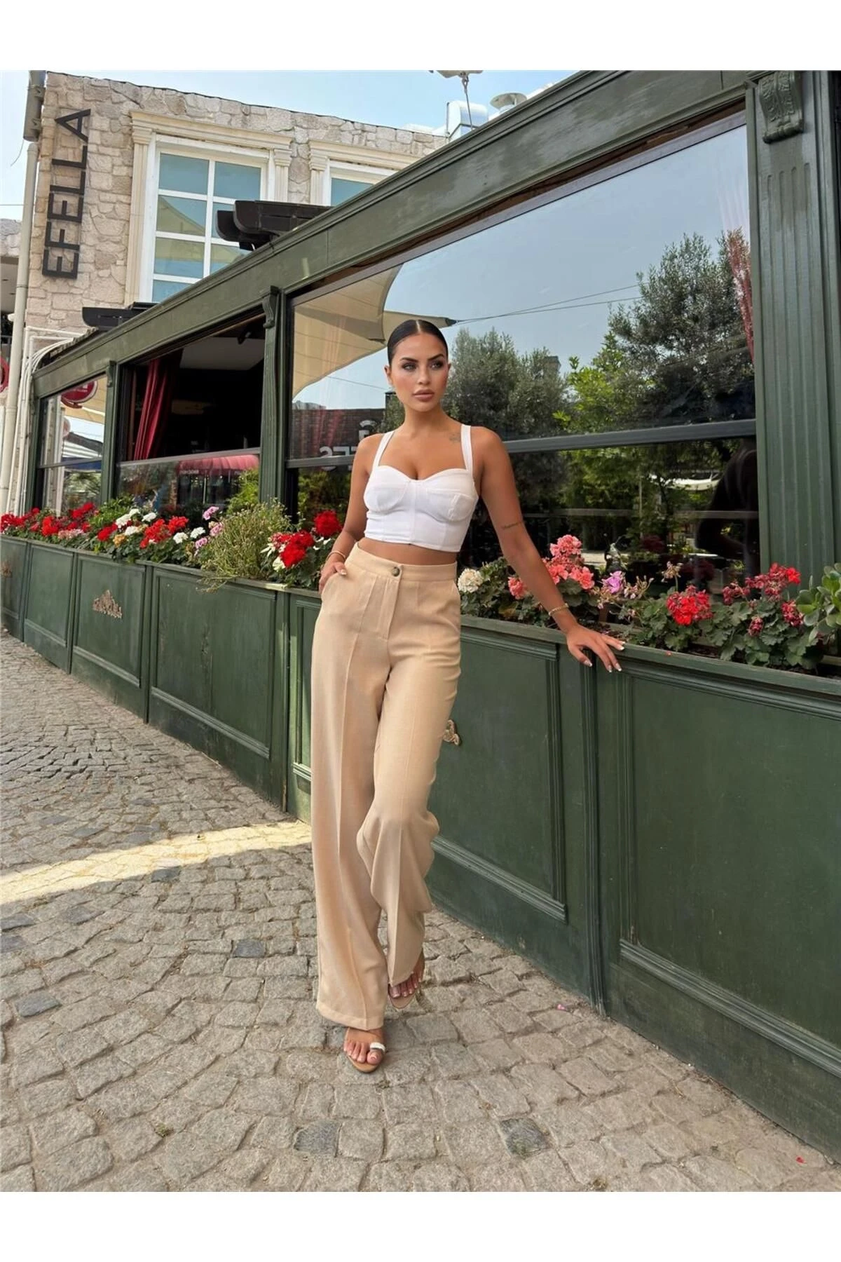 Bej Keten Karışımlı Düz Paça Pantolon