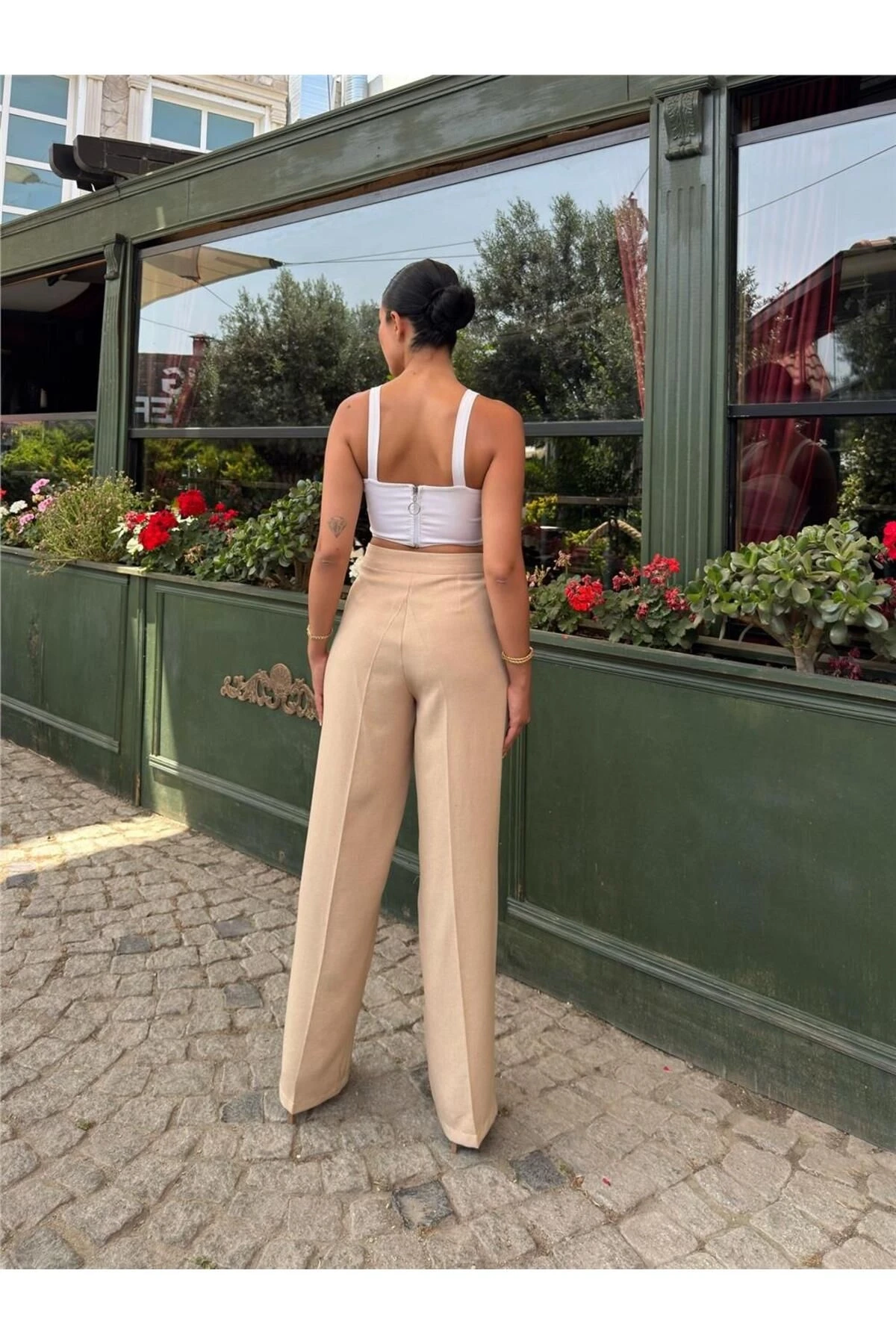 Bej Keten Karışımlı Düz Paça Pantolon