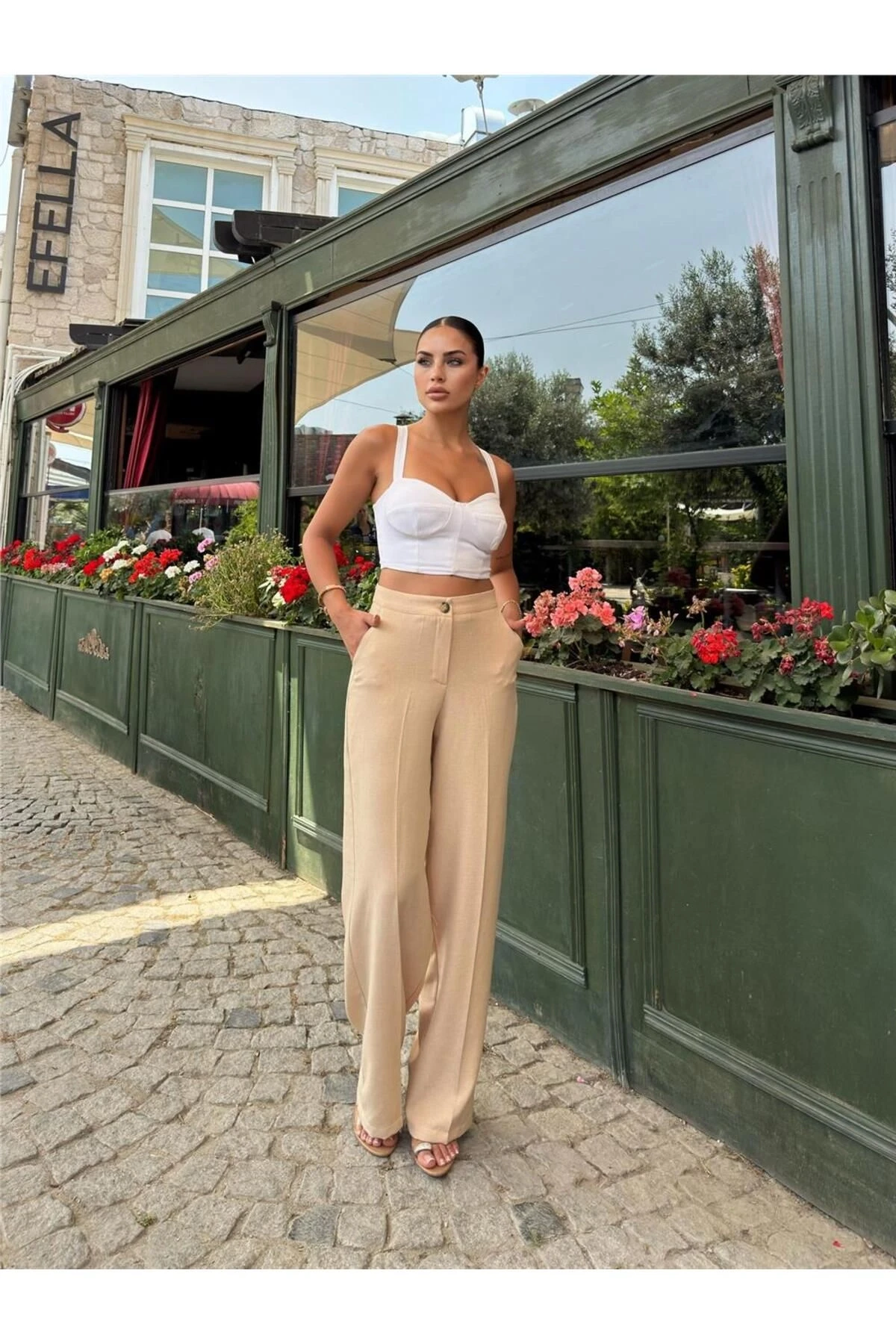 Bej Keten Karışımlı Düz Paça Pantolon