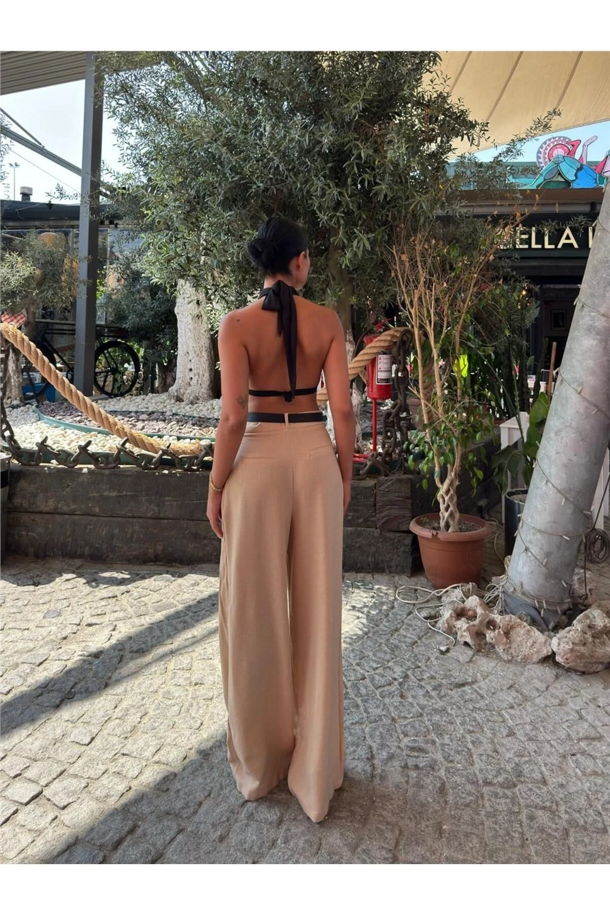 Bej Keten Karışımlı Kemerli Pantolon