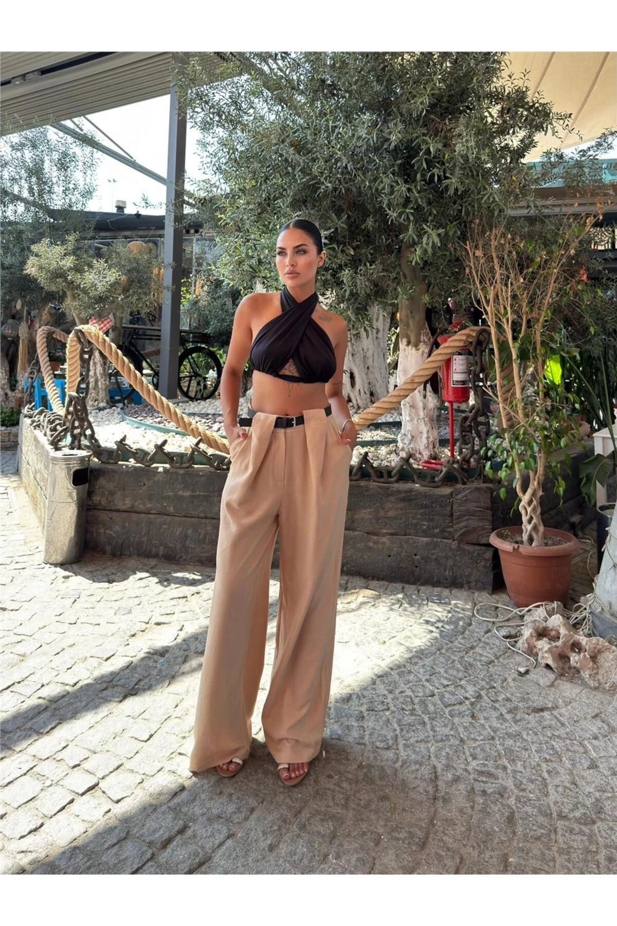 Bej Keten Karışımlı Kemerli Pantolon