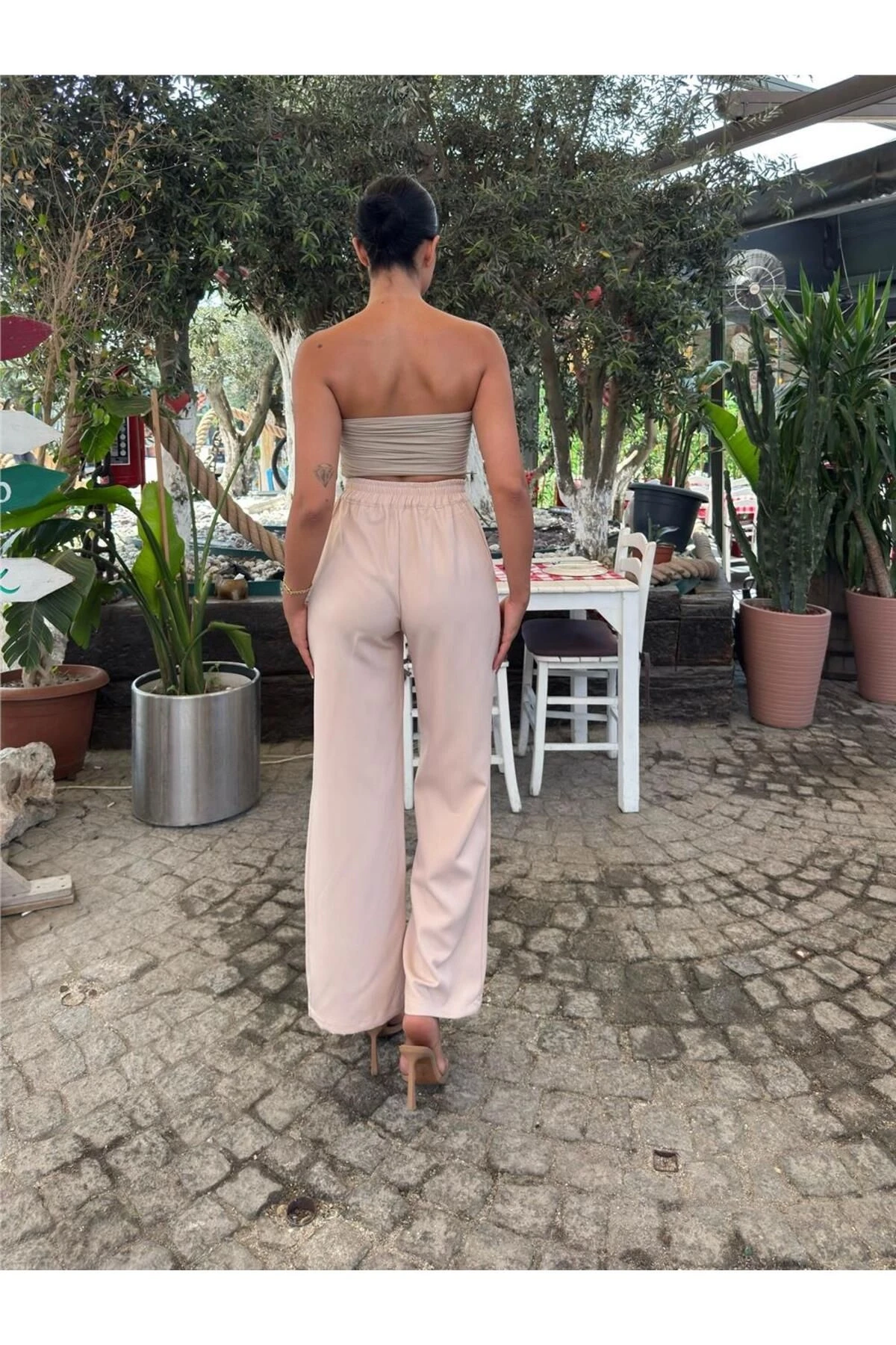 Bej Likralı Palazzo Beli Lastikli Pantolon