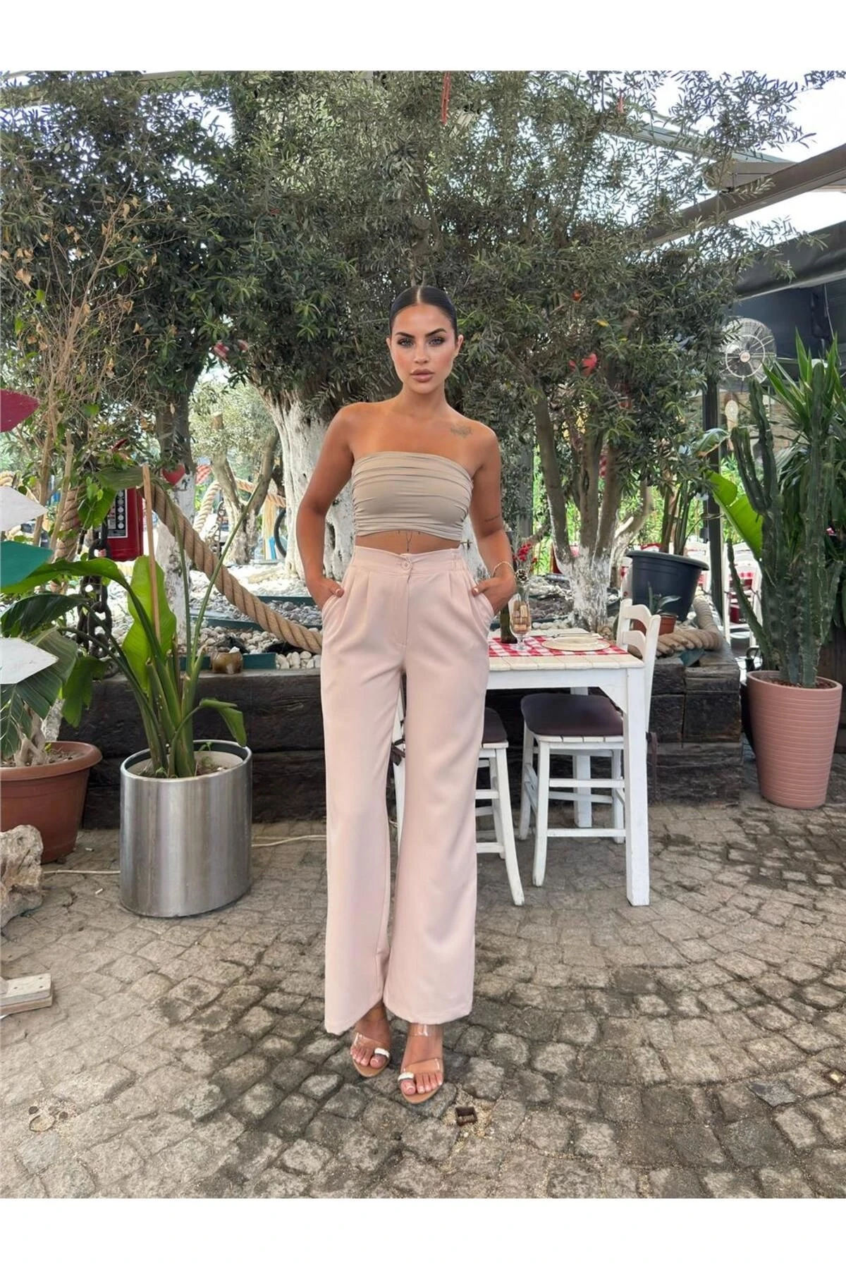 Bej Likralı Palazzo Beli Lastikli Pantolon