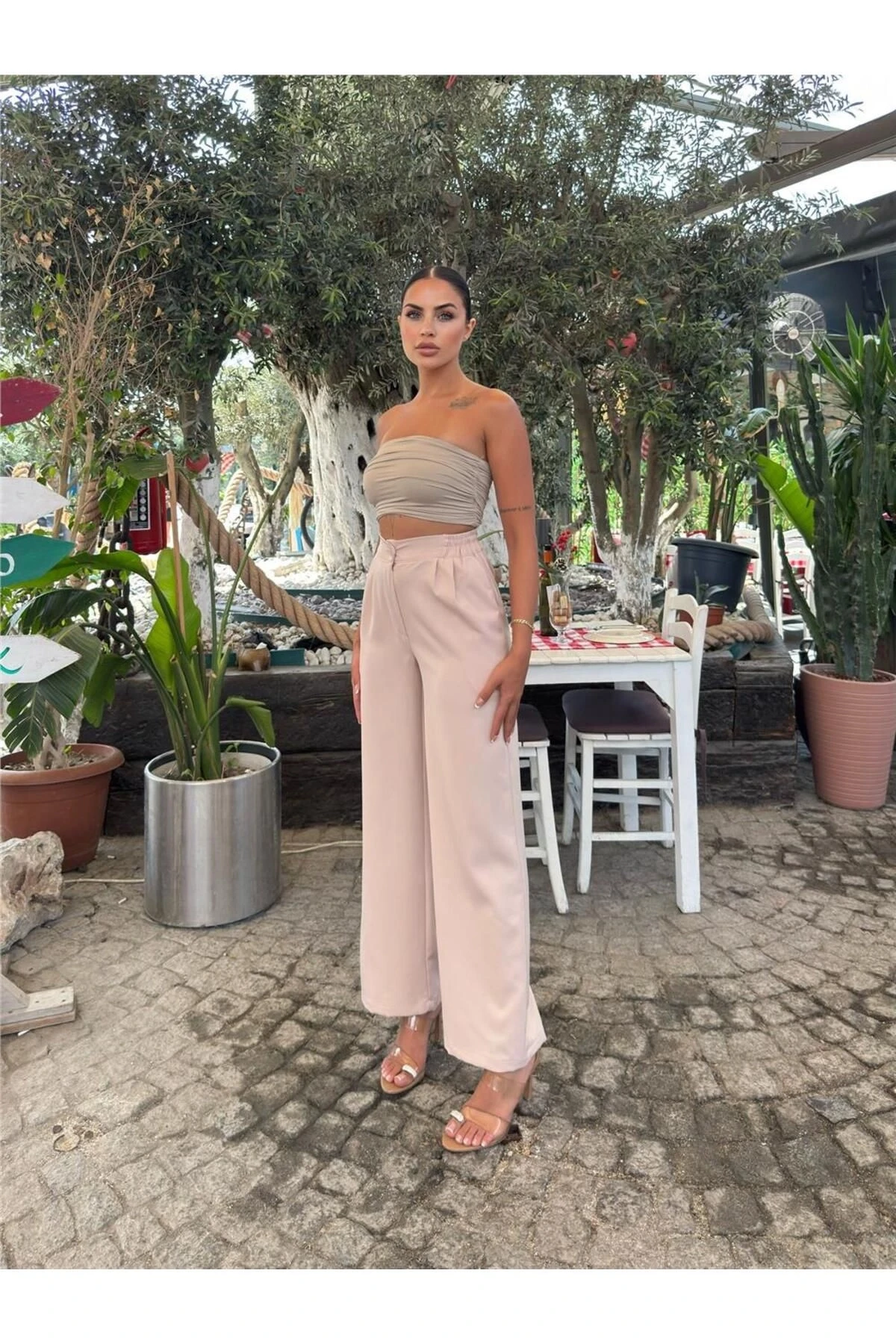 Bej Likralı Palazzo Beli Lastikli Pantolon