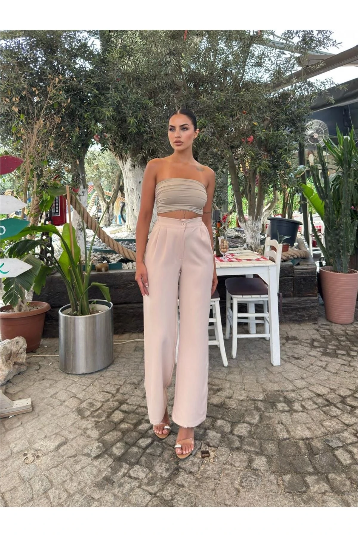 Bej Likralı Palazzo Beli Lastikli Pantolon