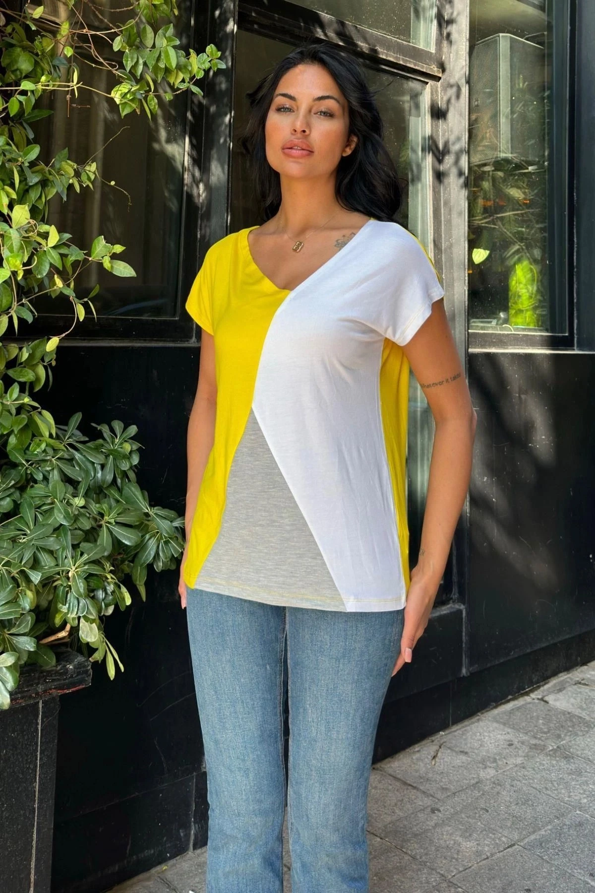 Beyaz Sarı Penye Basic Bluz