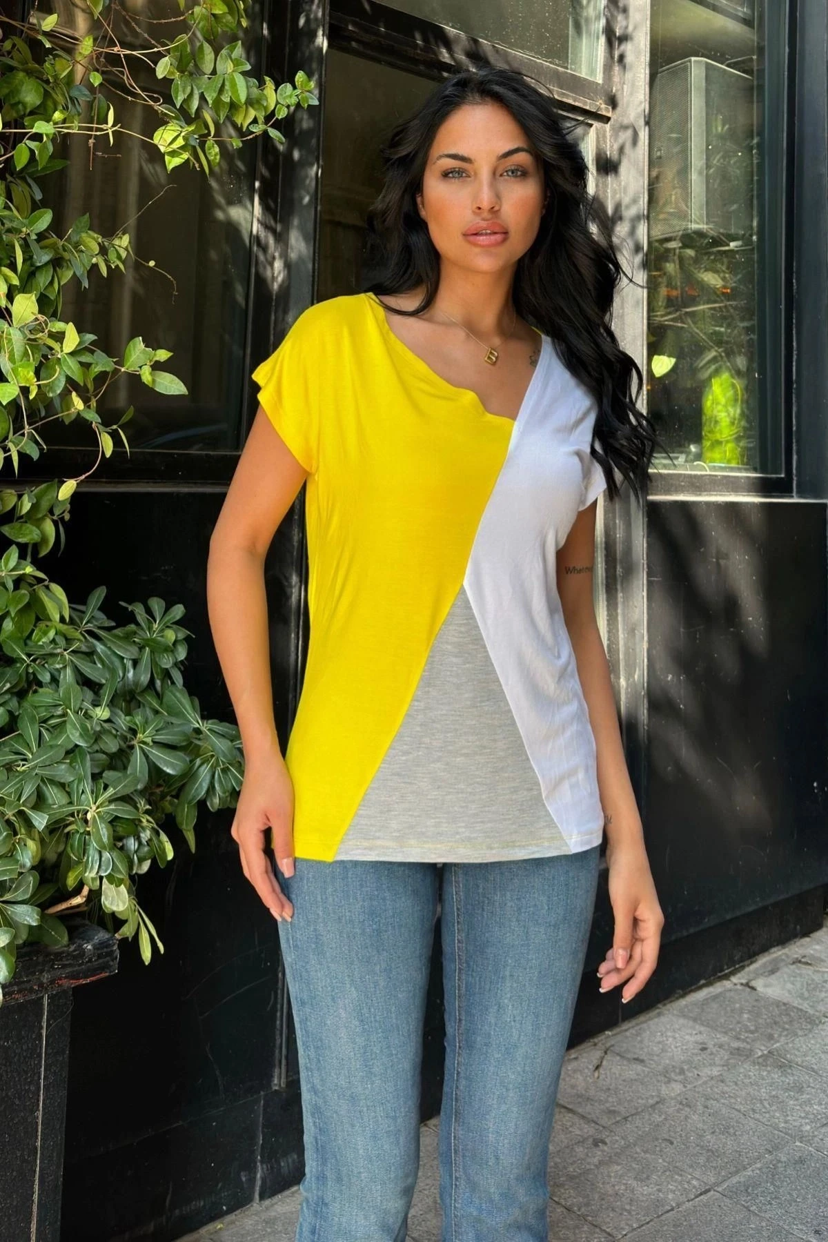 Beyaz Sarı Penye Basic Bluz