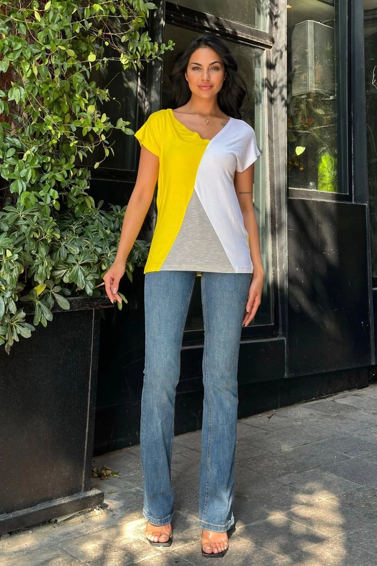 Beyaz Sarı Penye Basic Bluz