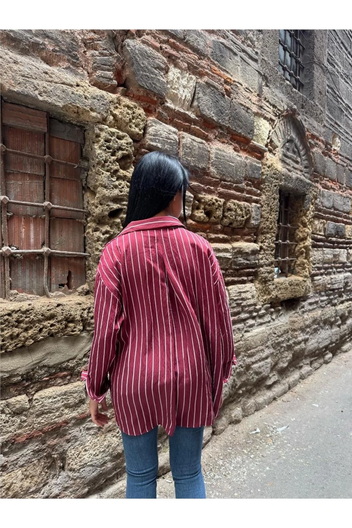 Bordo Çizgili Oversize Düğmeli Gömlek