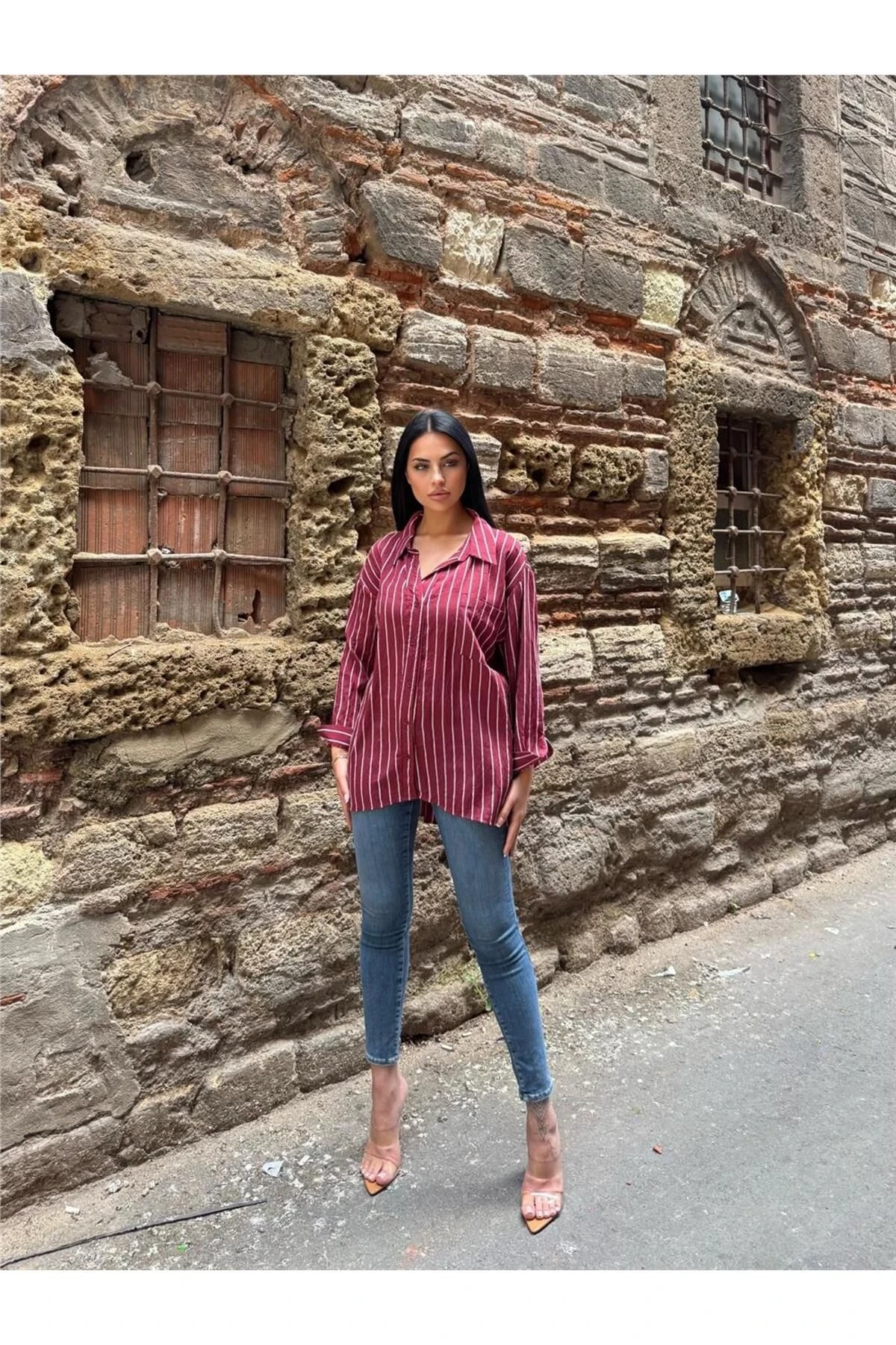 Bordo Çizgili Oversize Düğmeli Gömlek