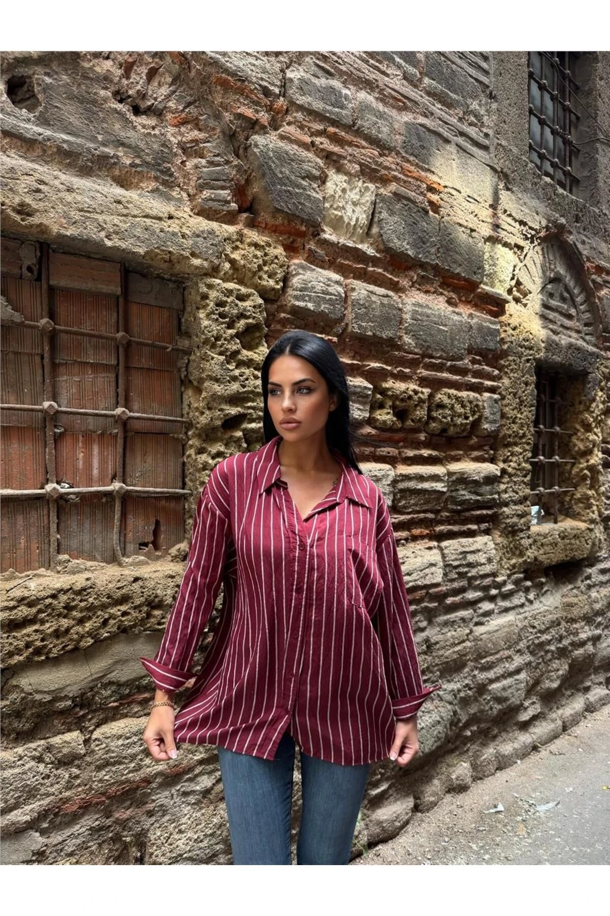 Bordo Çizgili Oversize Düğmeli Gömlek