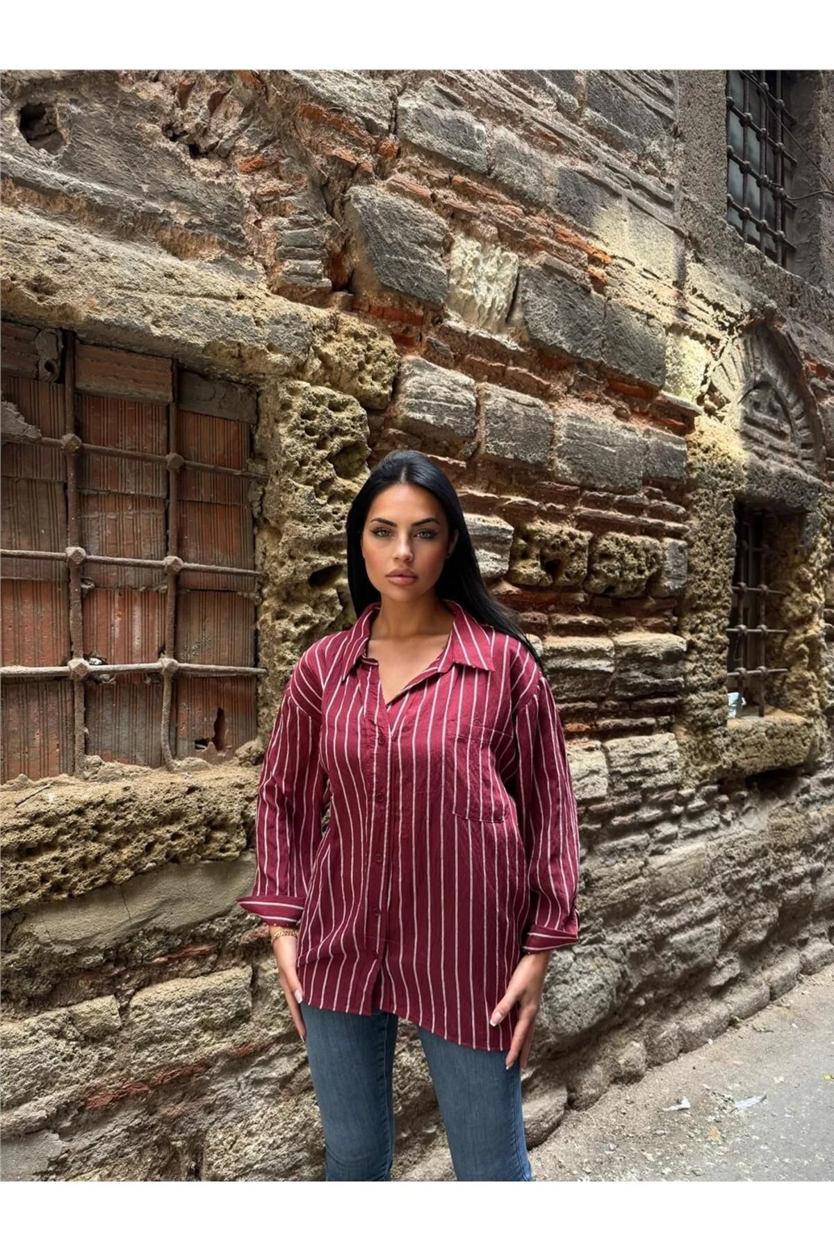 Bordo Çizgili Oversize Düğmeli Gömlek
