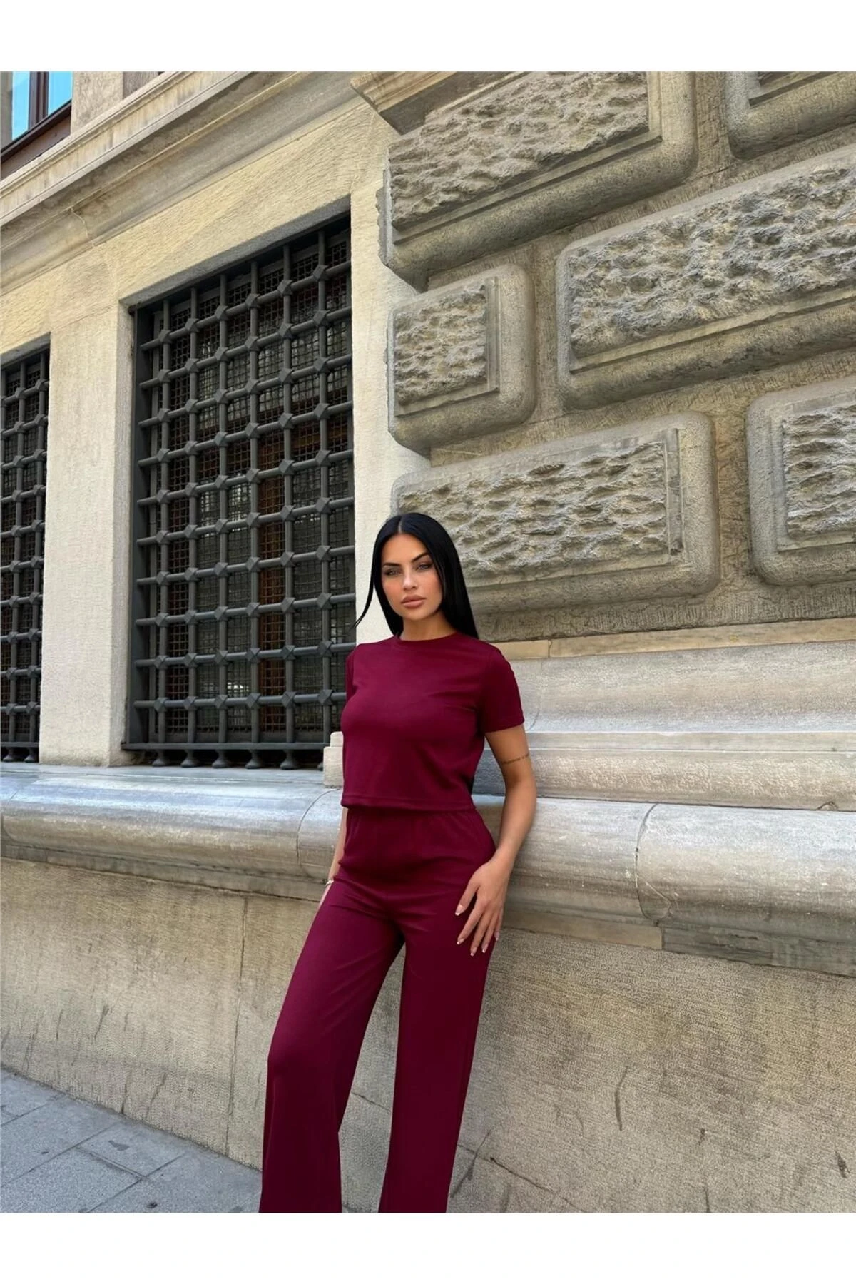 Bordo Modal Palto Elastan Kumaş Takım