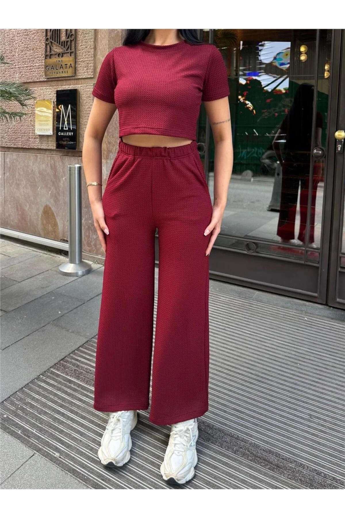 Bordo Modal Polyester Keten Bisiklet Yaka Takım