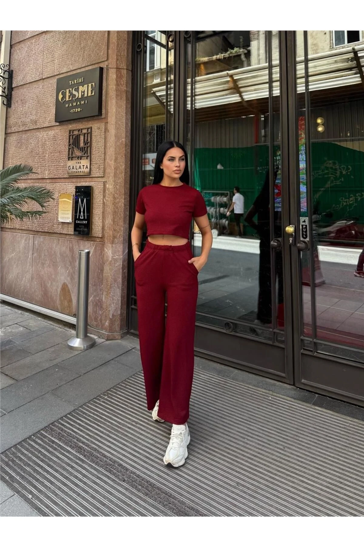 Bordo Modal Polyester Keten Bisiklet Yaka Takım