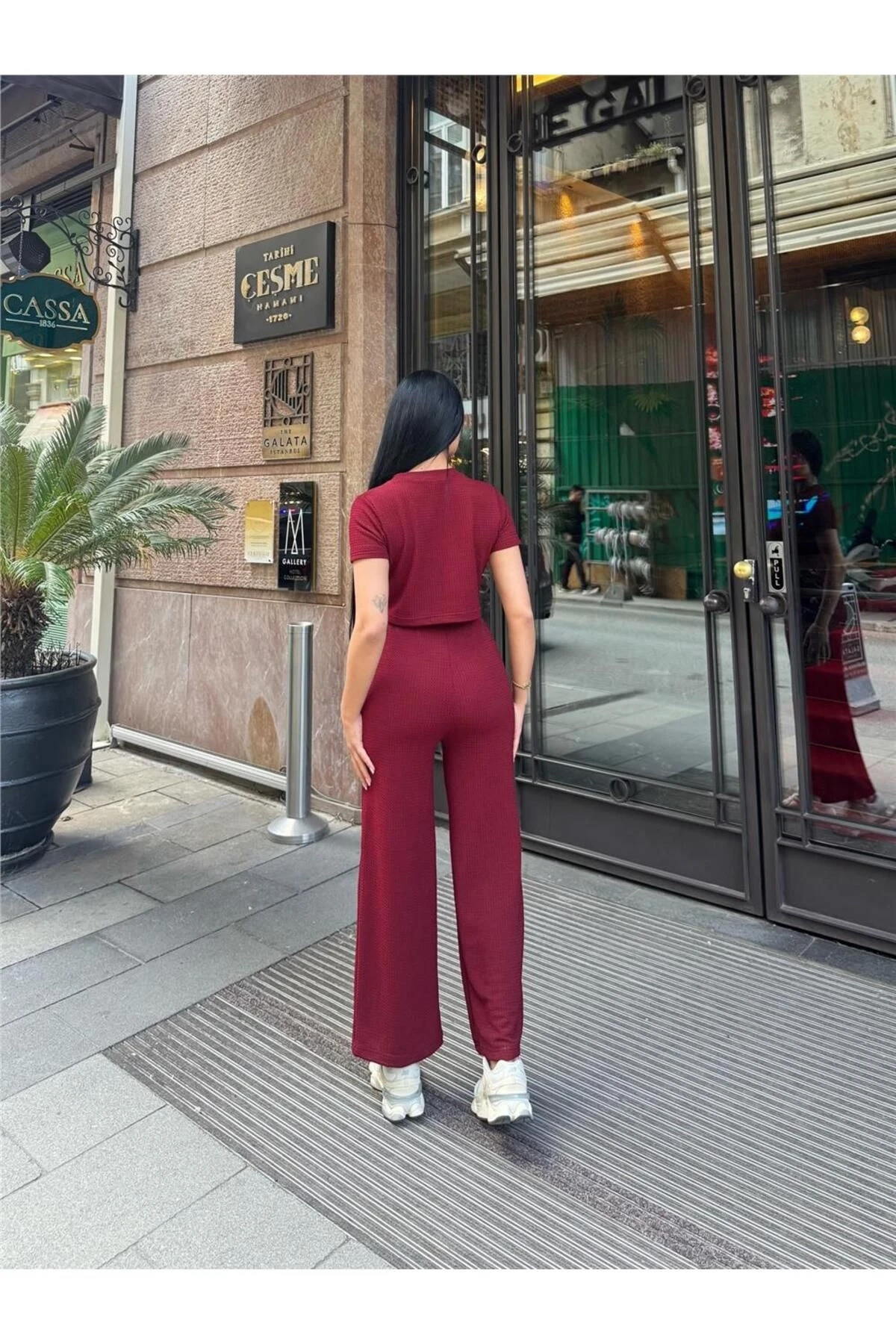 Bordo Modal Polyester Keten Bisiklet Yaka Takım