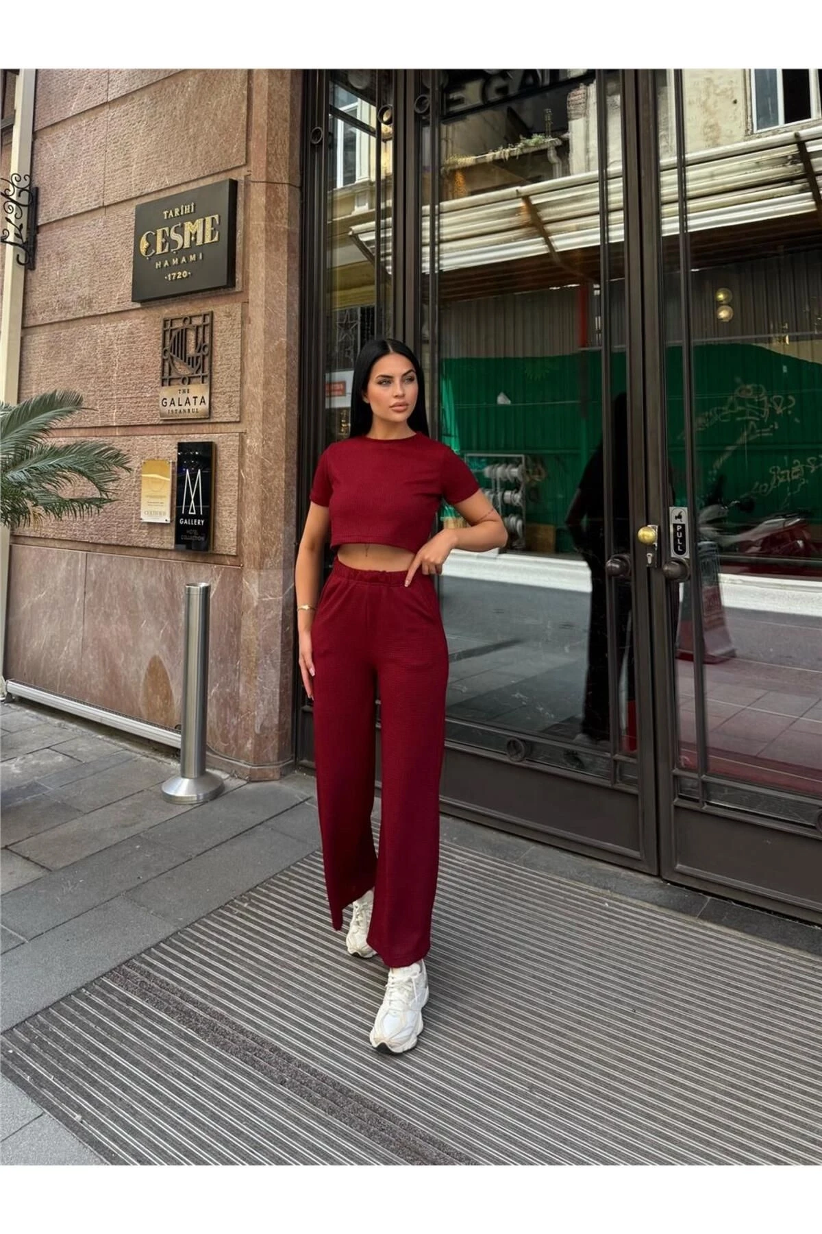 Bordo Modal Polyester Keten Bisiklet Yaka Takım