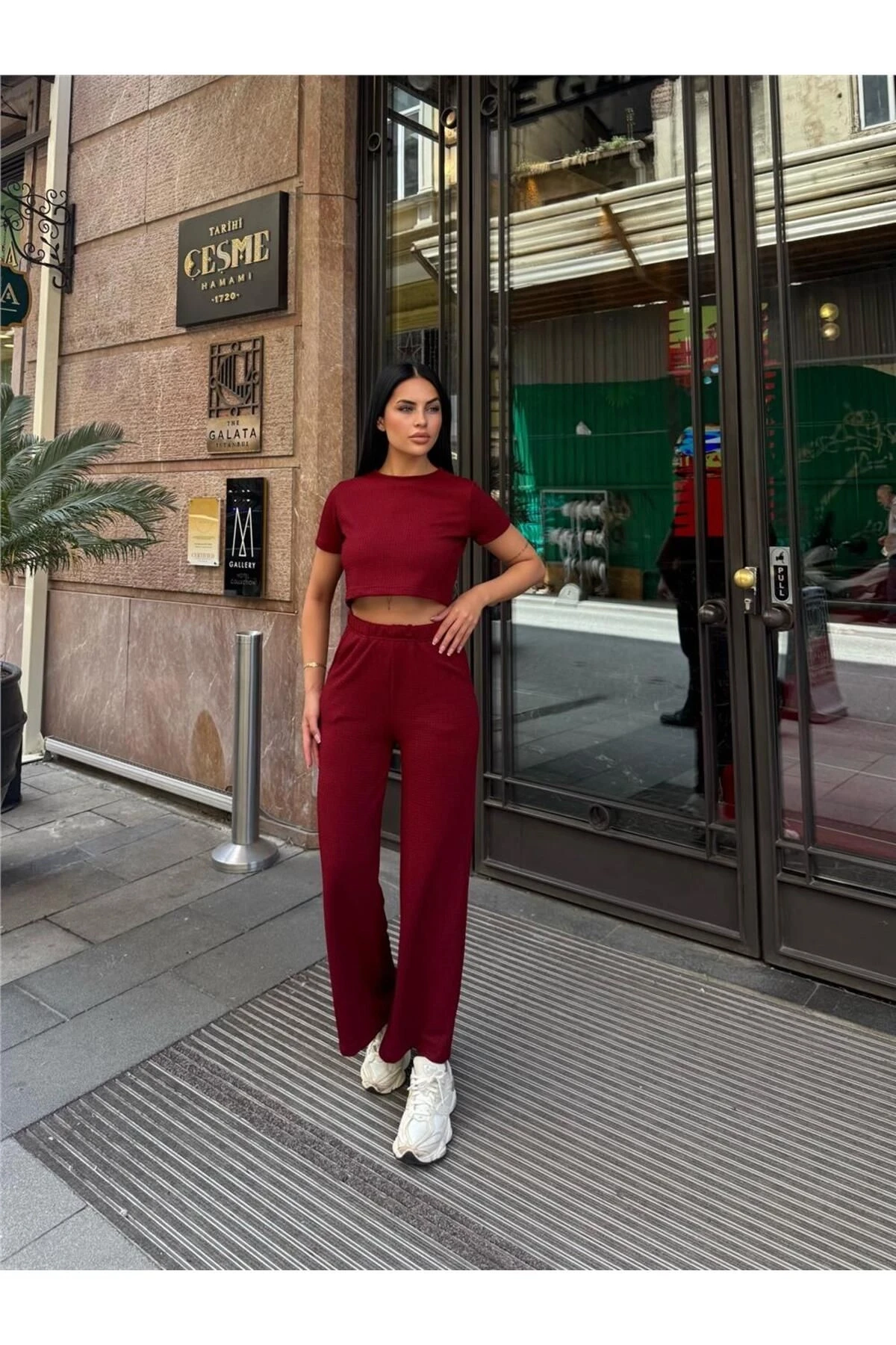 Bordo Modal Polyester Keten Bisiklet Yaka Takım