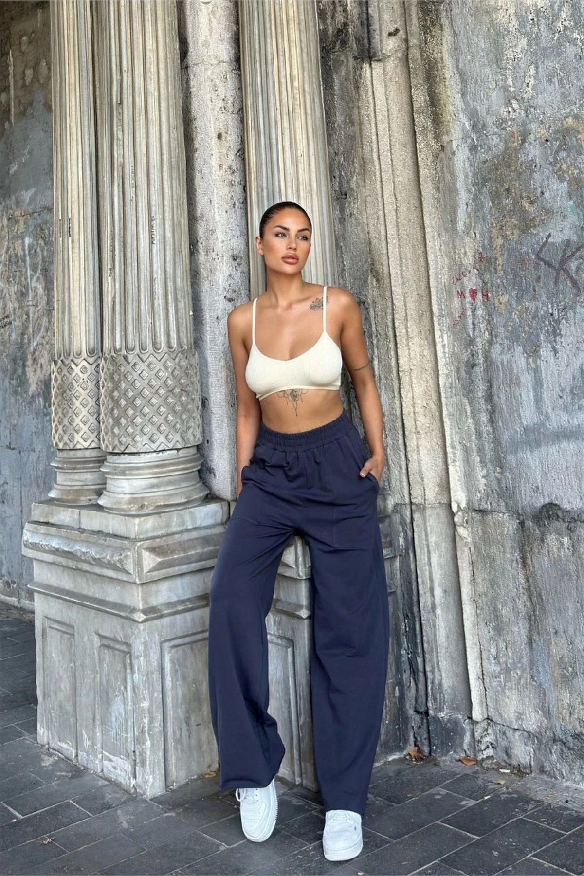 Füme Beli Lastikli, Cepli, Bol Paça, Salaş Pantolon