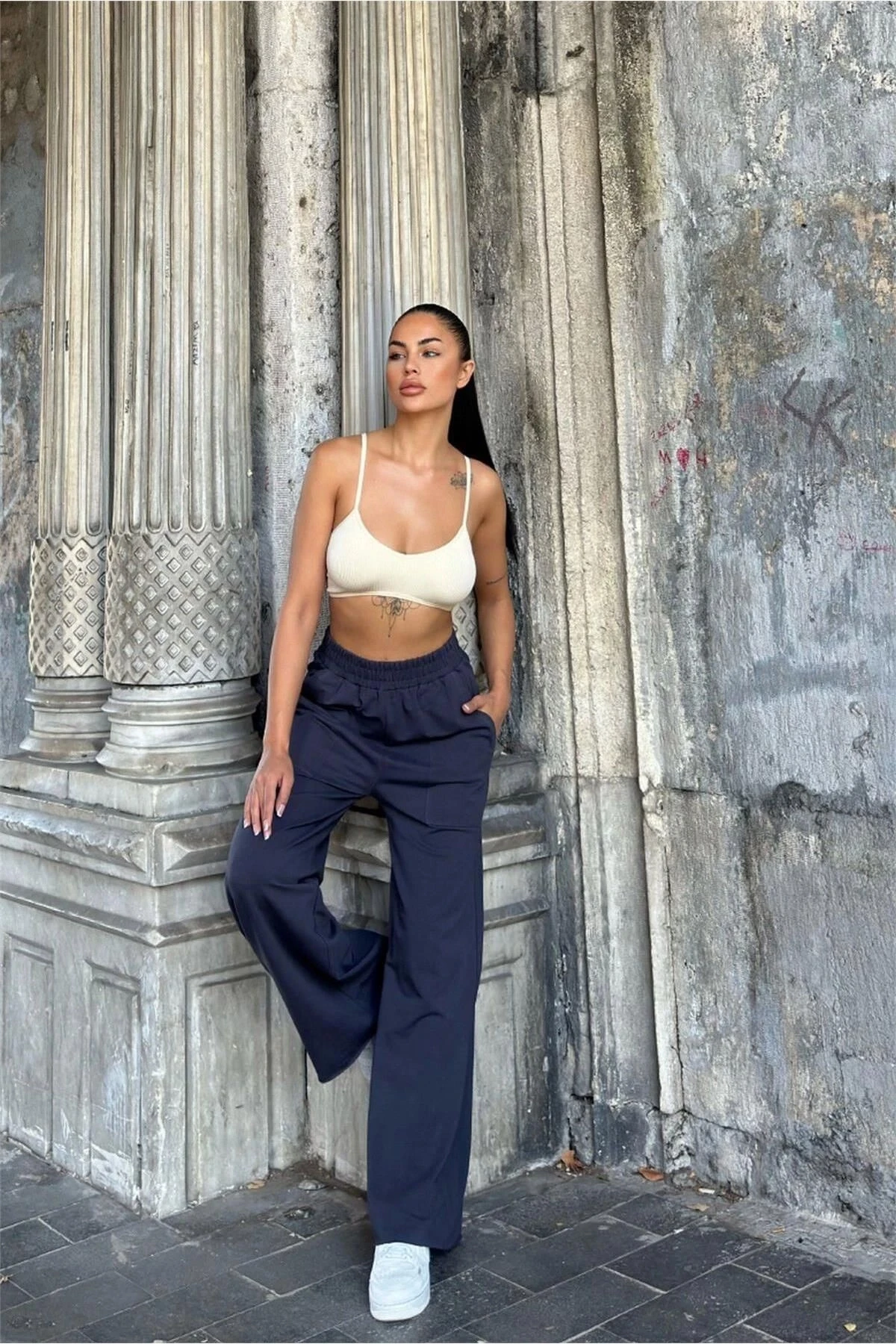 Füme Beli Lastikli, Cepli, Bol Paça, Salaş Pantolon