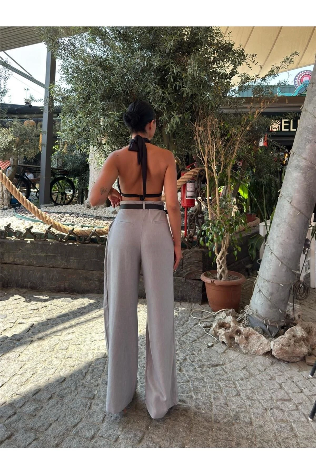 Gri Keten Karışımlı Kemerli Pantolon