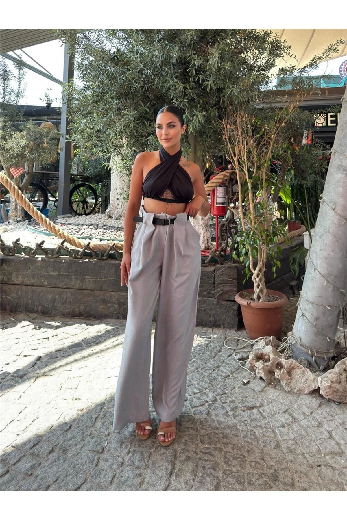 Gri Keten Karışımlı Kemerli Pantolon