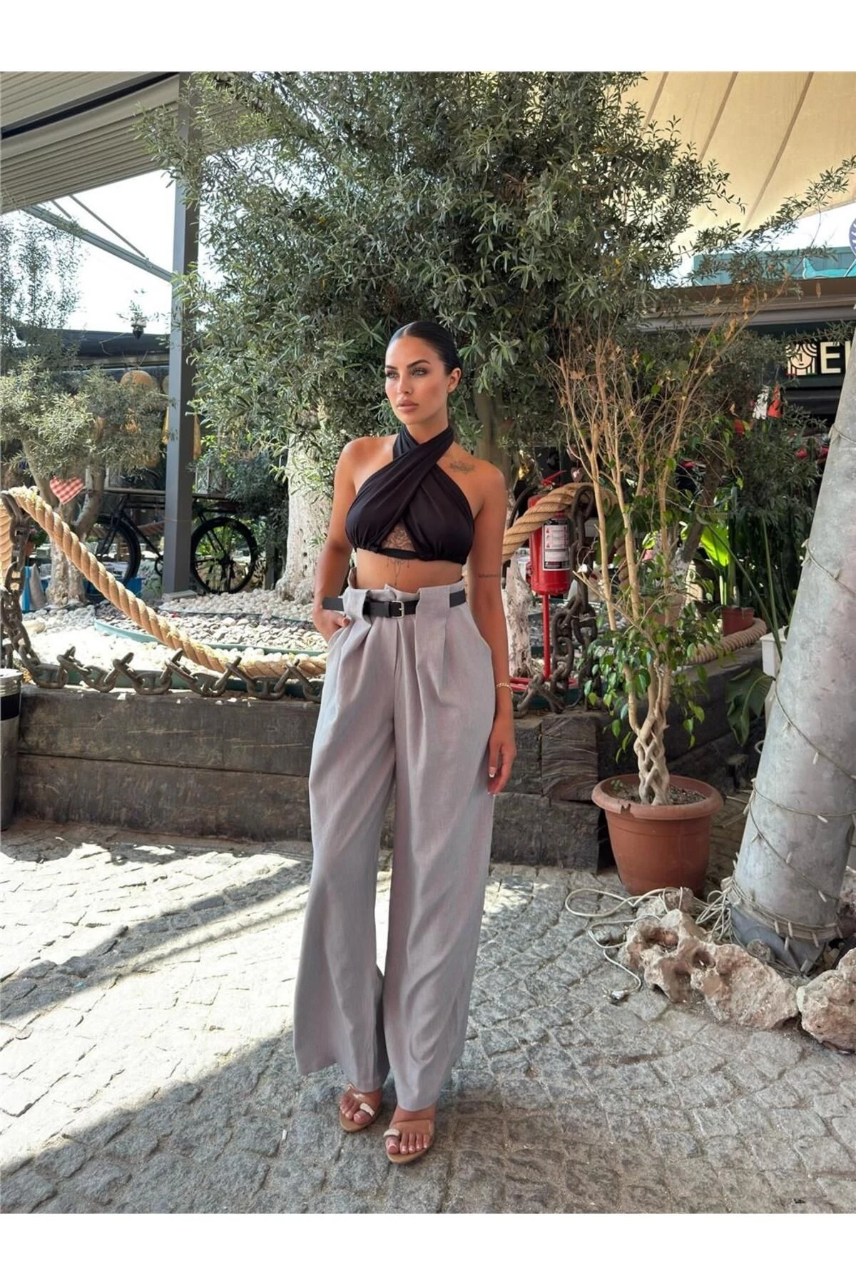 Gri Keten Karışımlı Kemerli Pantolon