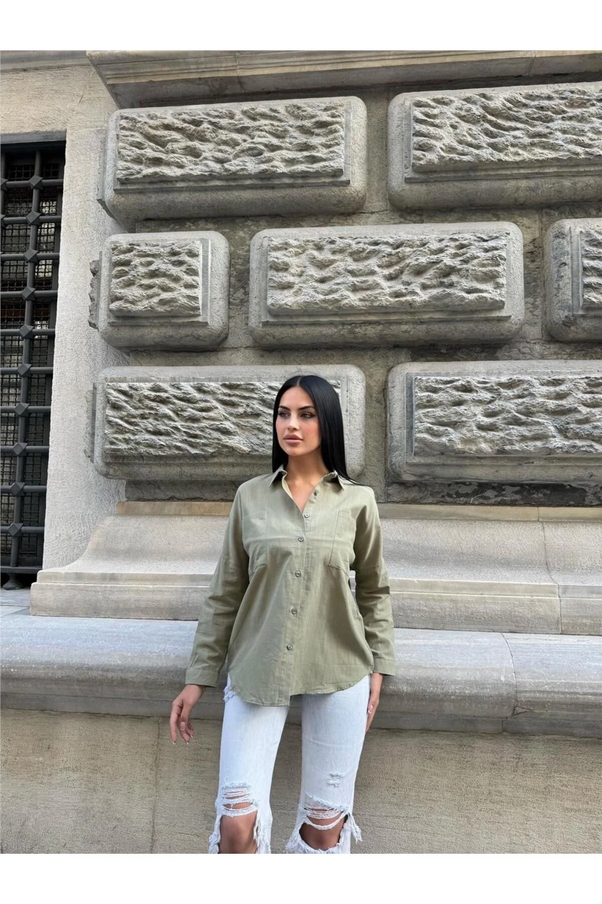 Haki Çift Cepli Viskon Oversize Gömlek