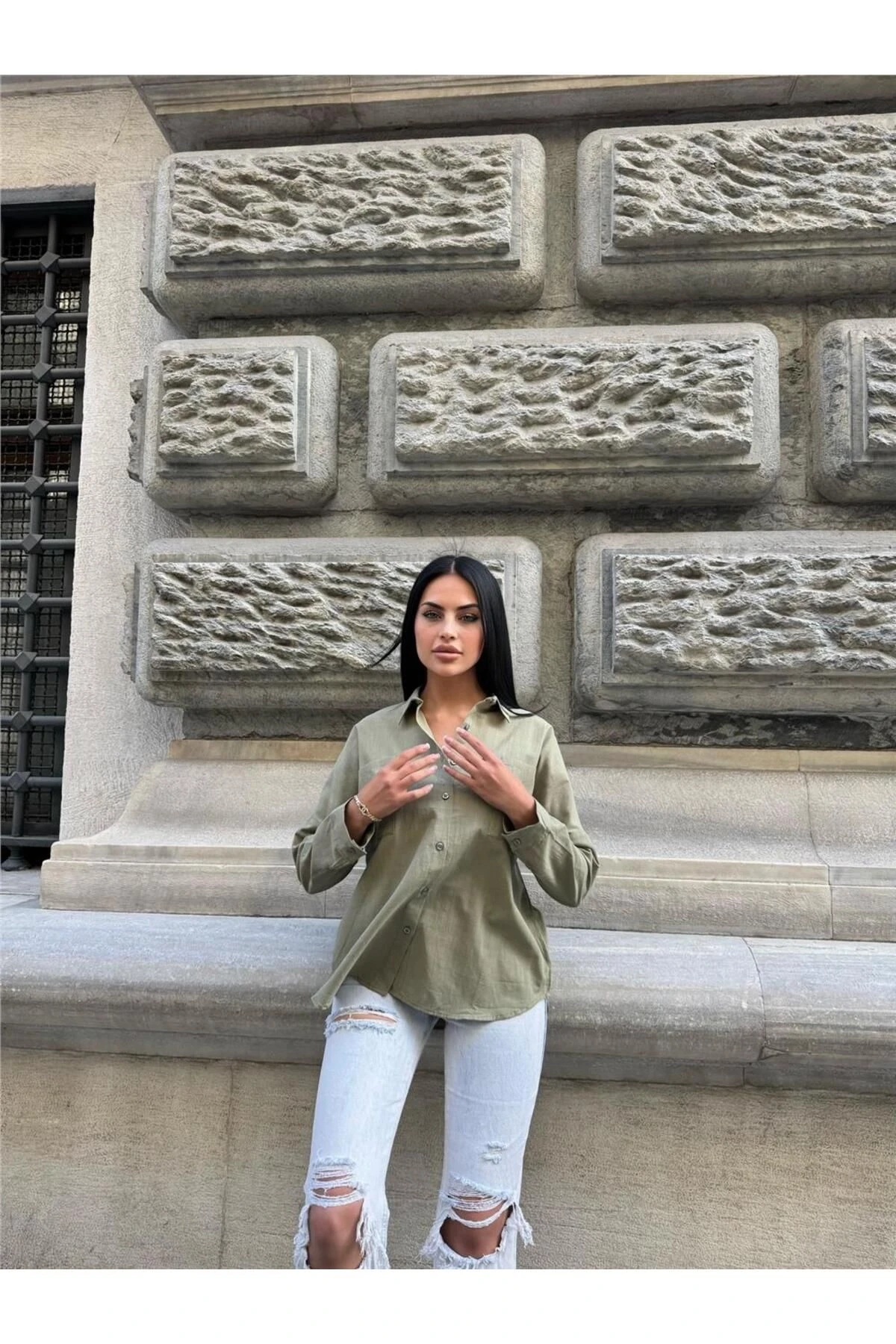 Haki Çift Cepli Viskon Oversize Gömlek