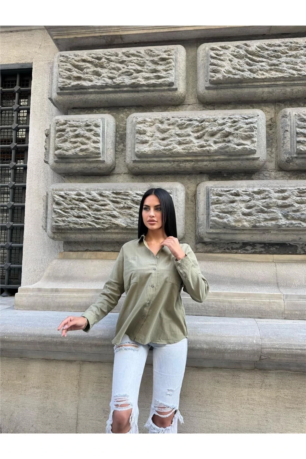 Haki Çift Cepli Viskon Oversize Gömlek