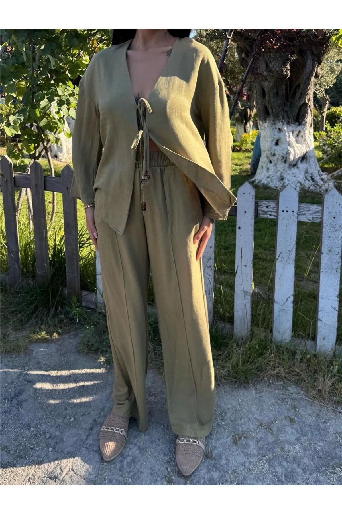 Haki Kruvaze Saten Bağlamalı Takım