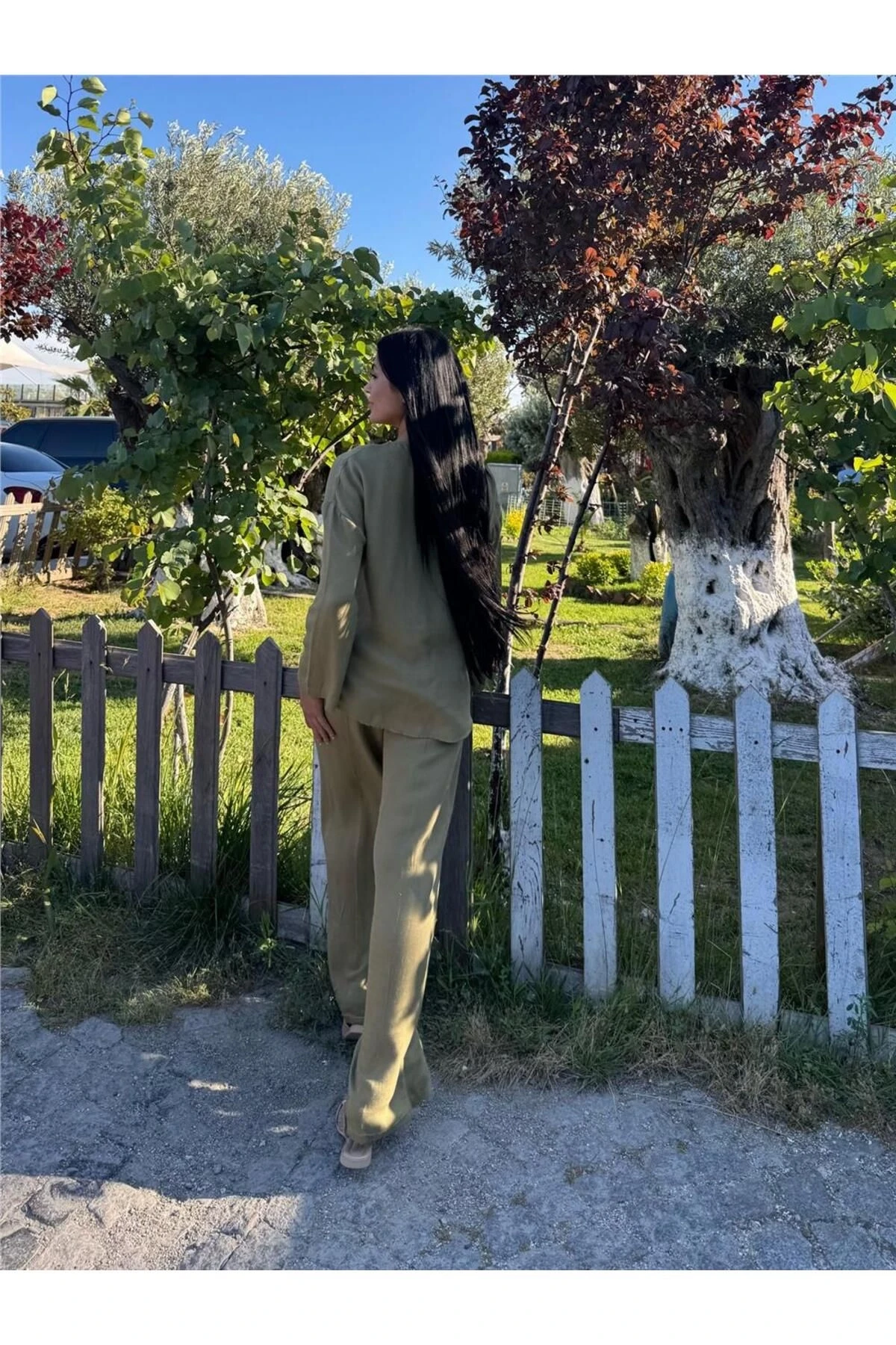 Haki Kruvaze Saten Bağlamalı Takım