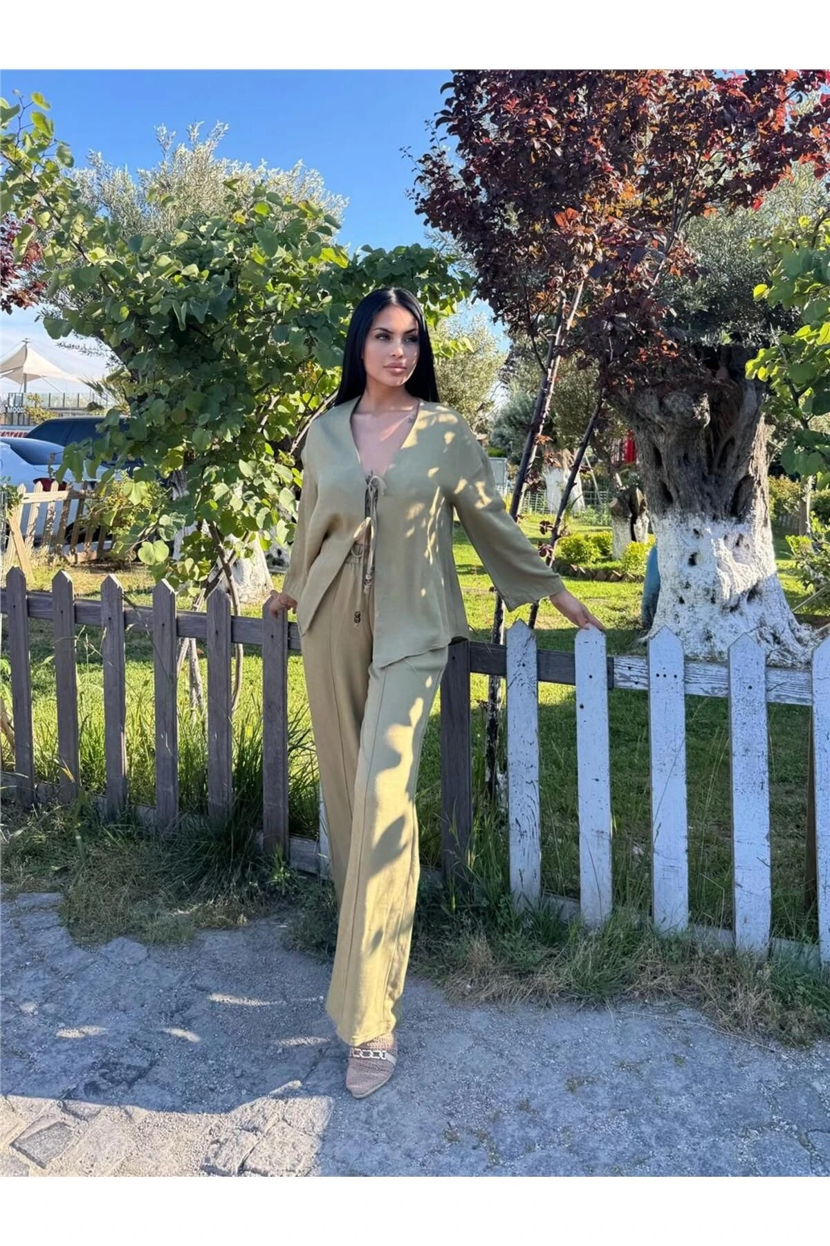 Haki Kruvaze Saten Bağlamalı Takım