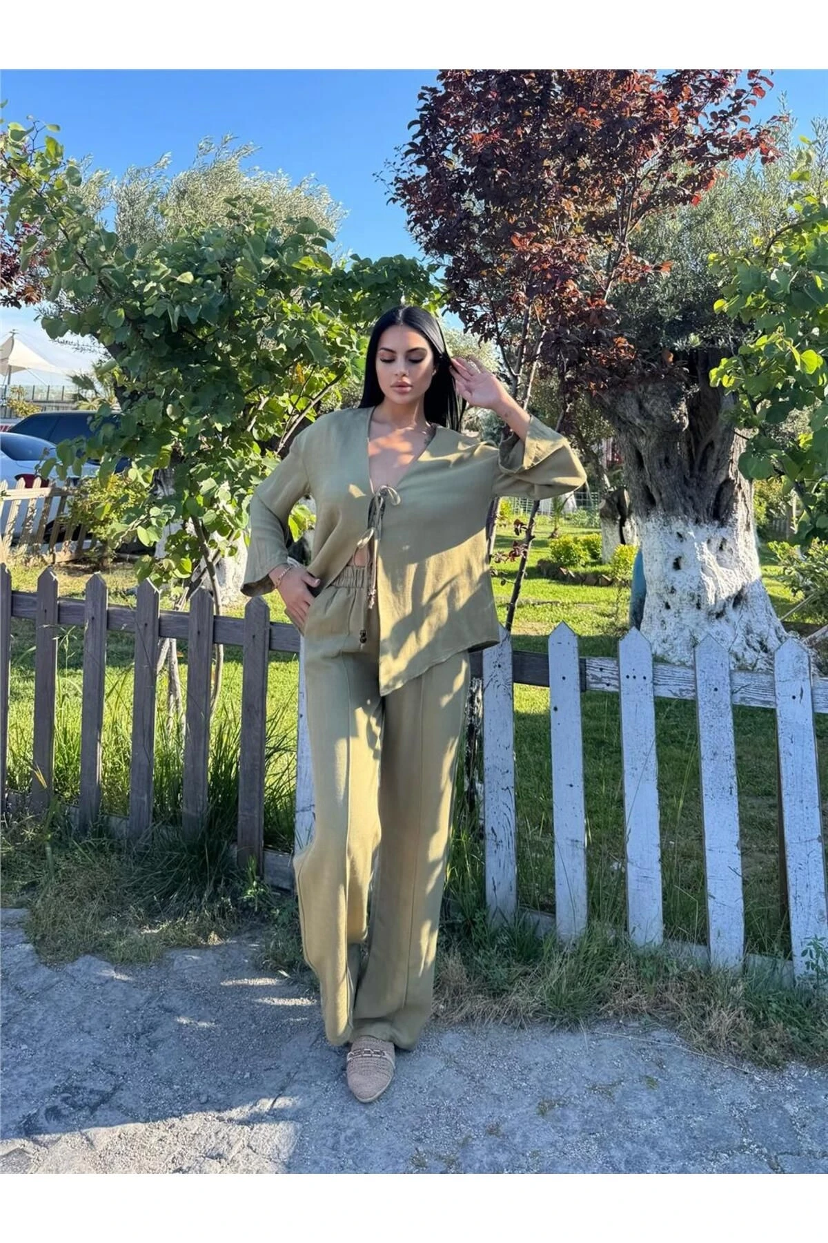 Haki Kruvaze Saten Bağlamalı Takım