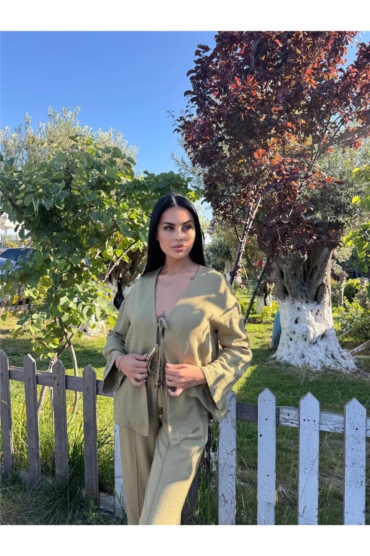 Haki Kruvaze Saten Bağlamalı Takım