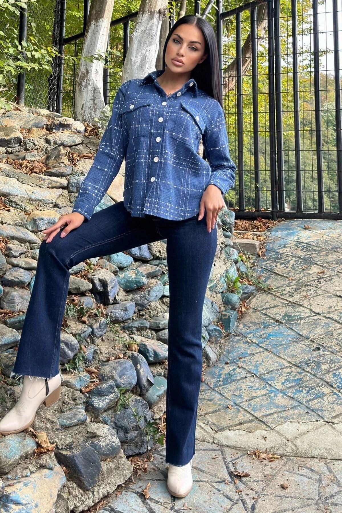 İndigo Ekose Tüvit Kumaş, Çift Cepli, Uzun Salaş Gömlek Ceket