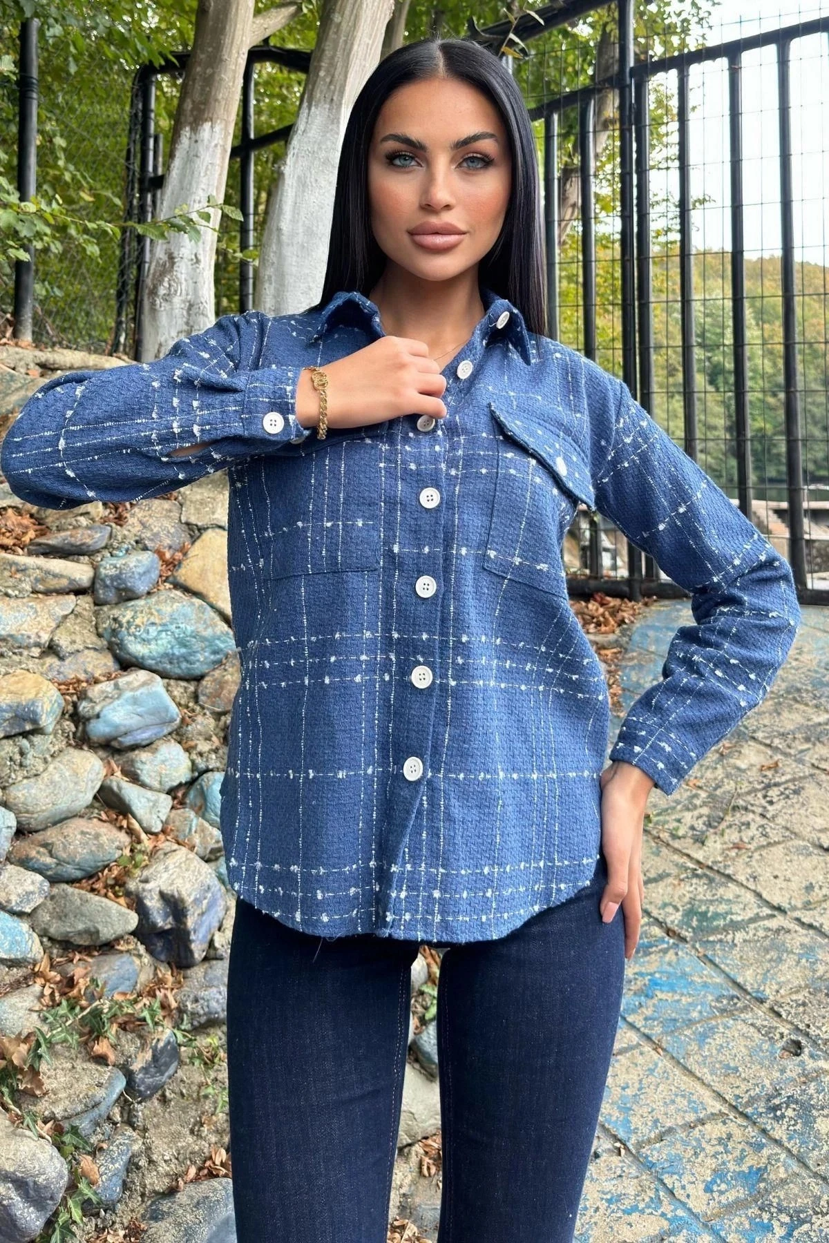 İndigo Ekose Tüvit Kumaş, Çift Cepli, Uzun Salaş Gömlek Ceket