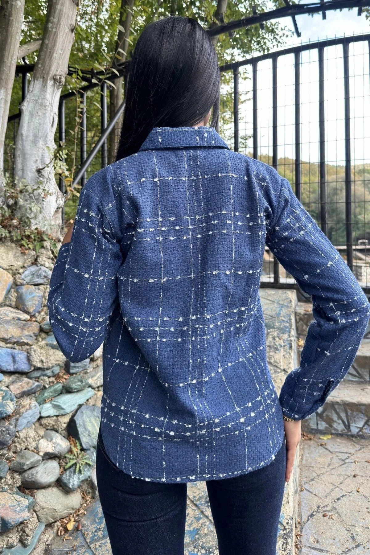 İndigo Ekose Tüvit Kumaş, Çift Cepli, Uzun Salaş Gömlek Ceket
