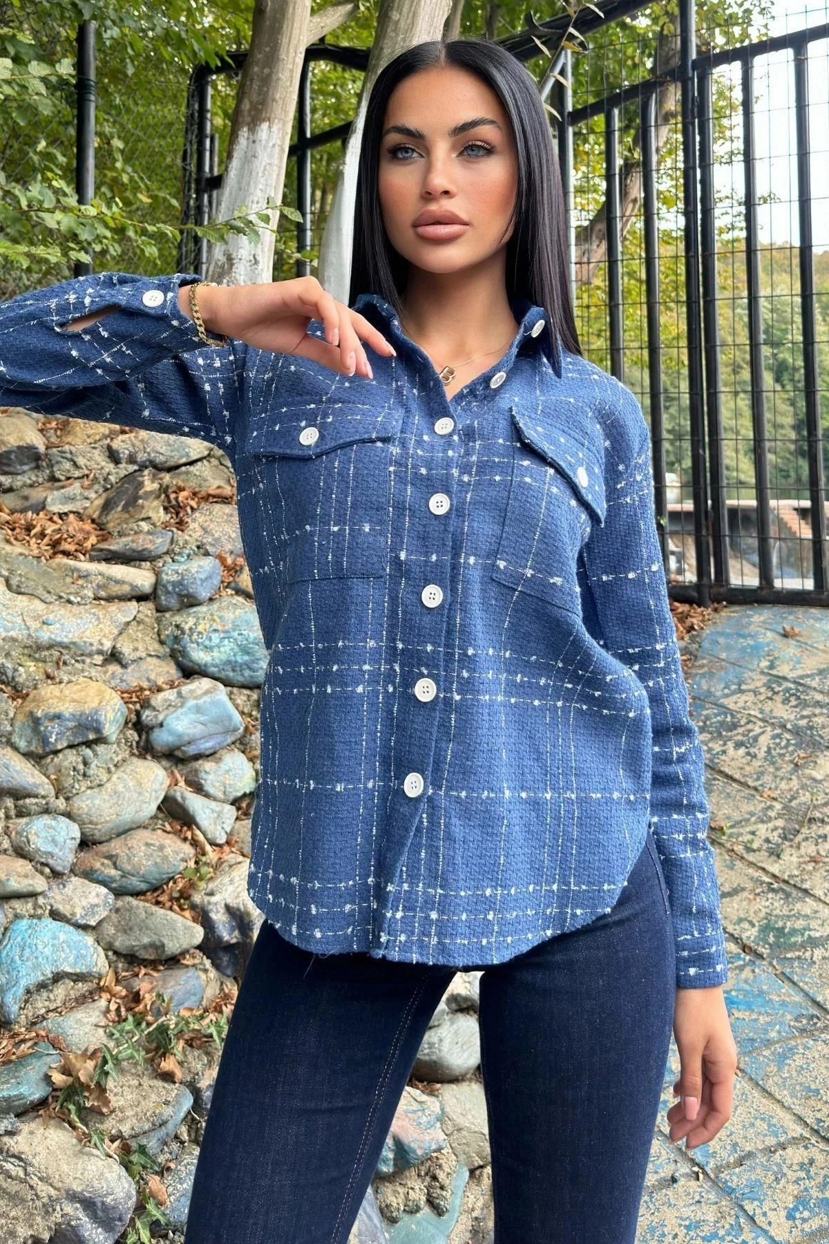 İndigo Ekose Tüvit Kumaş, Çift Cepli, Uzun Salaş Gömlek Ceket