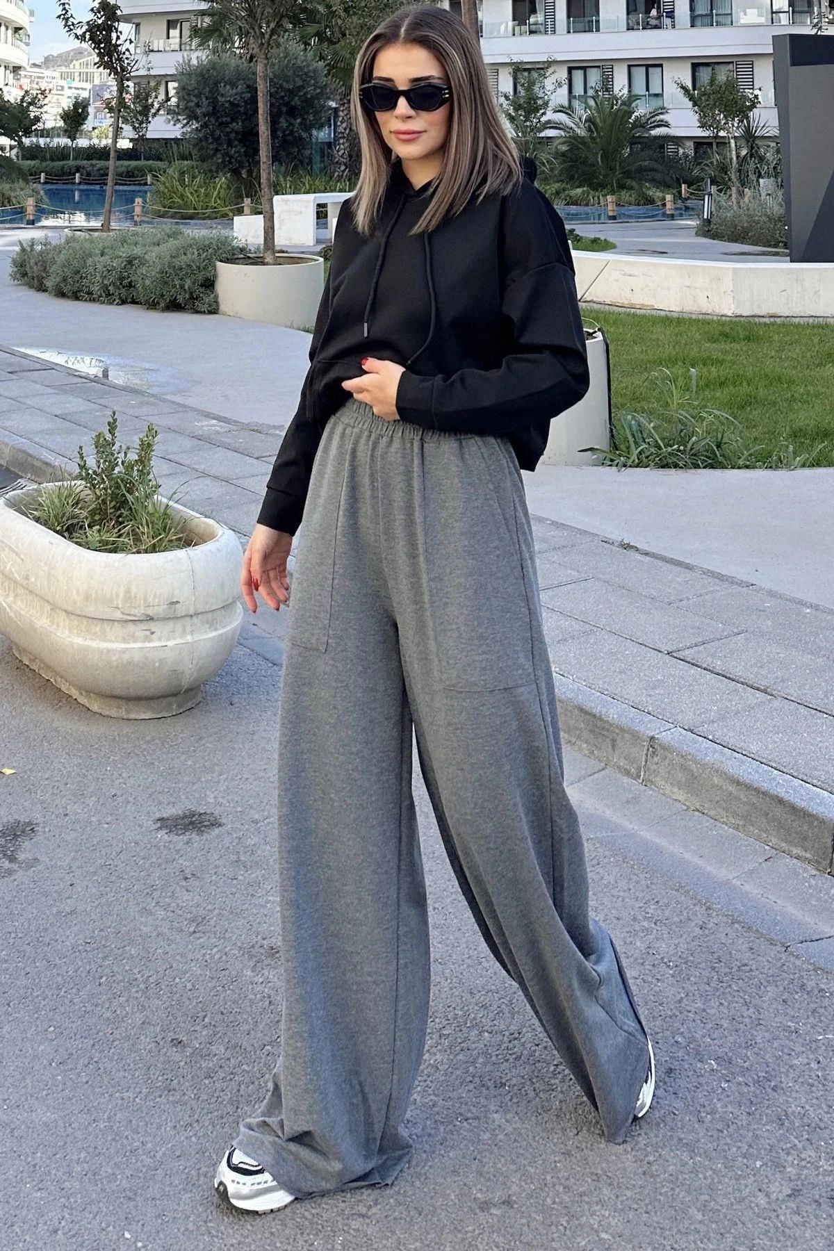 Kadın Antrasit Beli Lastikli, Cepli, Bol Paça, Salaş Pantolon