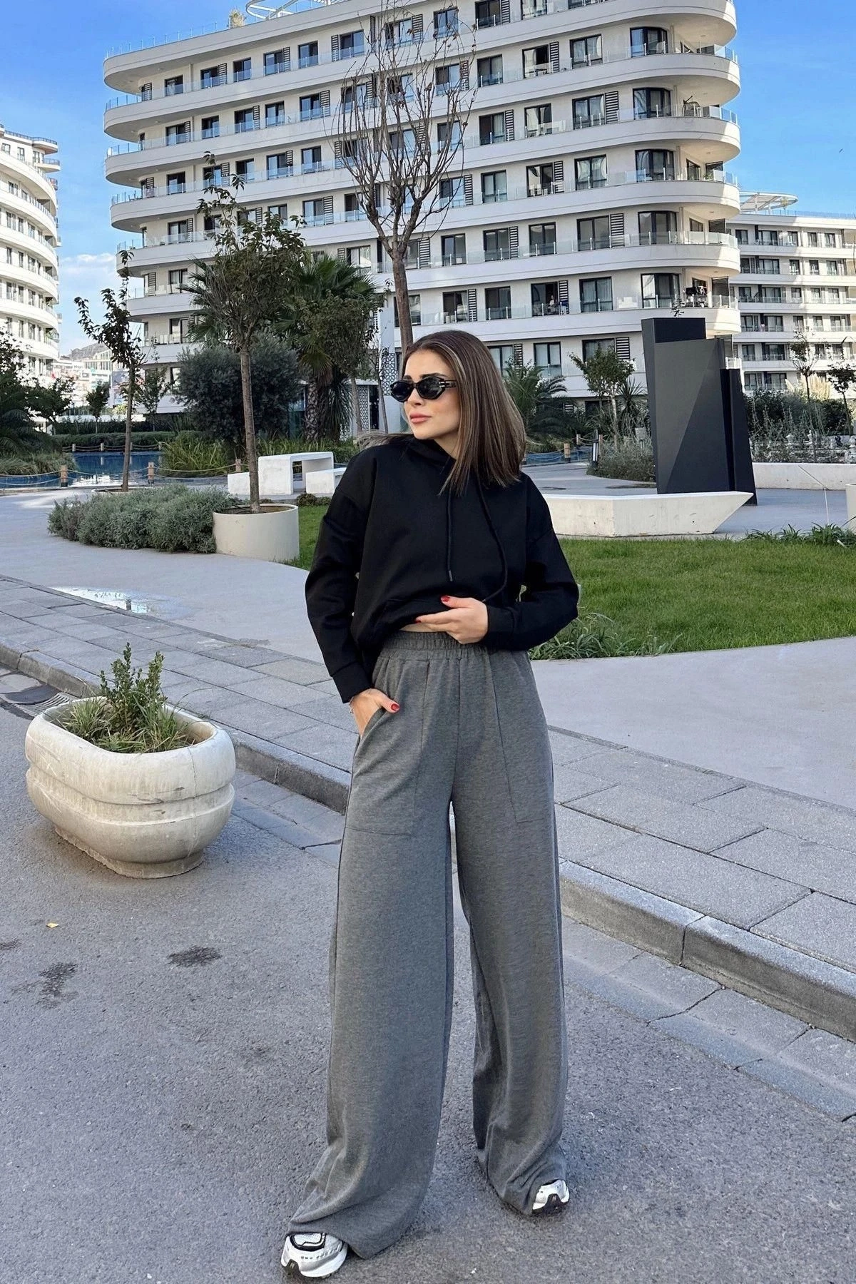 Kadın Antrasit Beli Lastikli, Cepli, Bol Paça, Salaş Pantolon