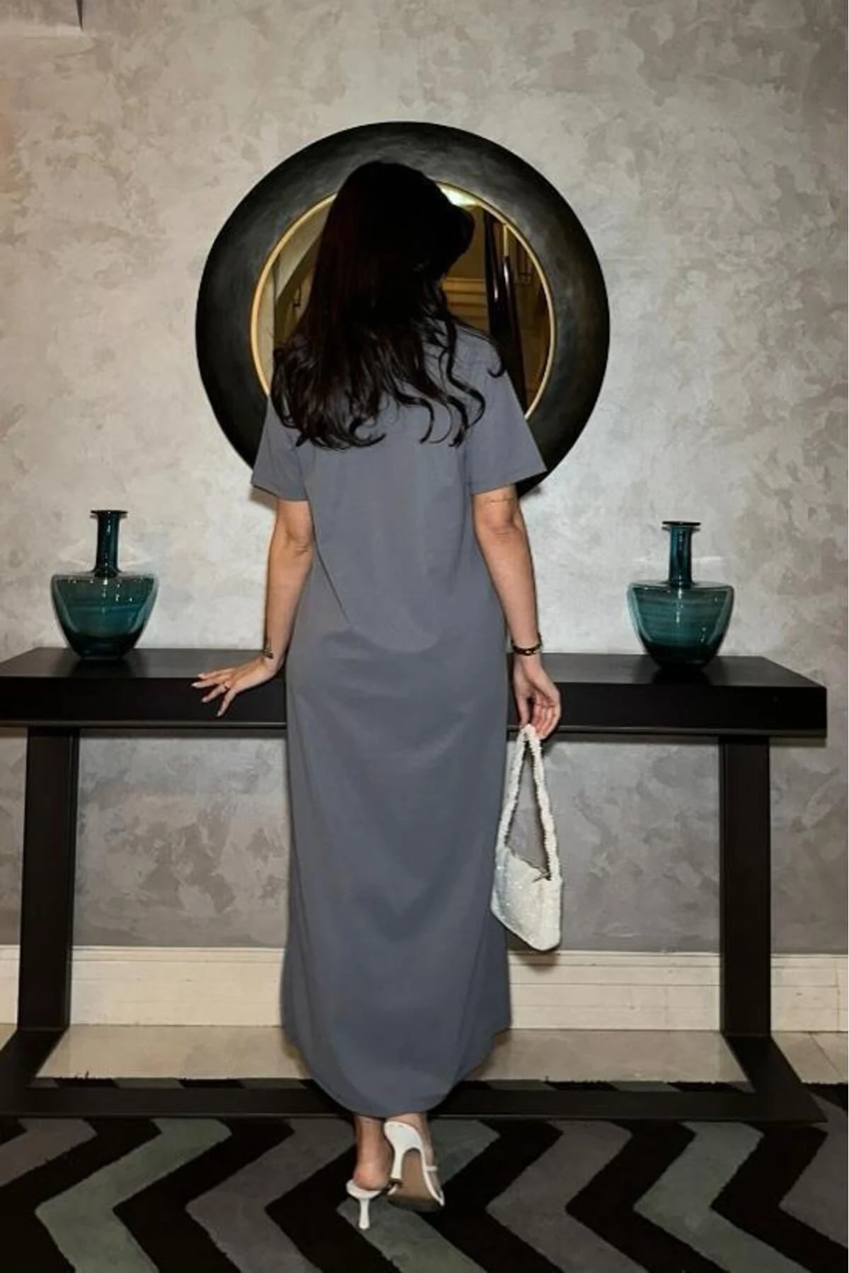 Kadın Antrasit Scuba Krep Polo Yaka Uzun Elbise