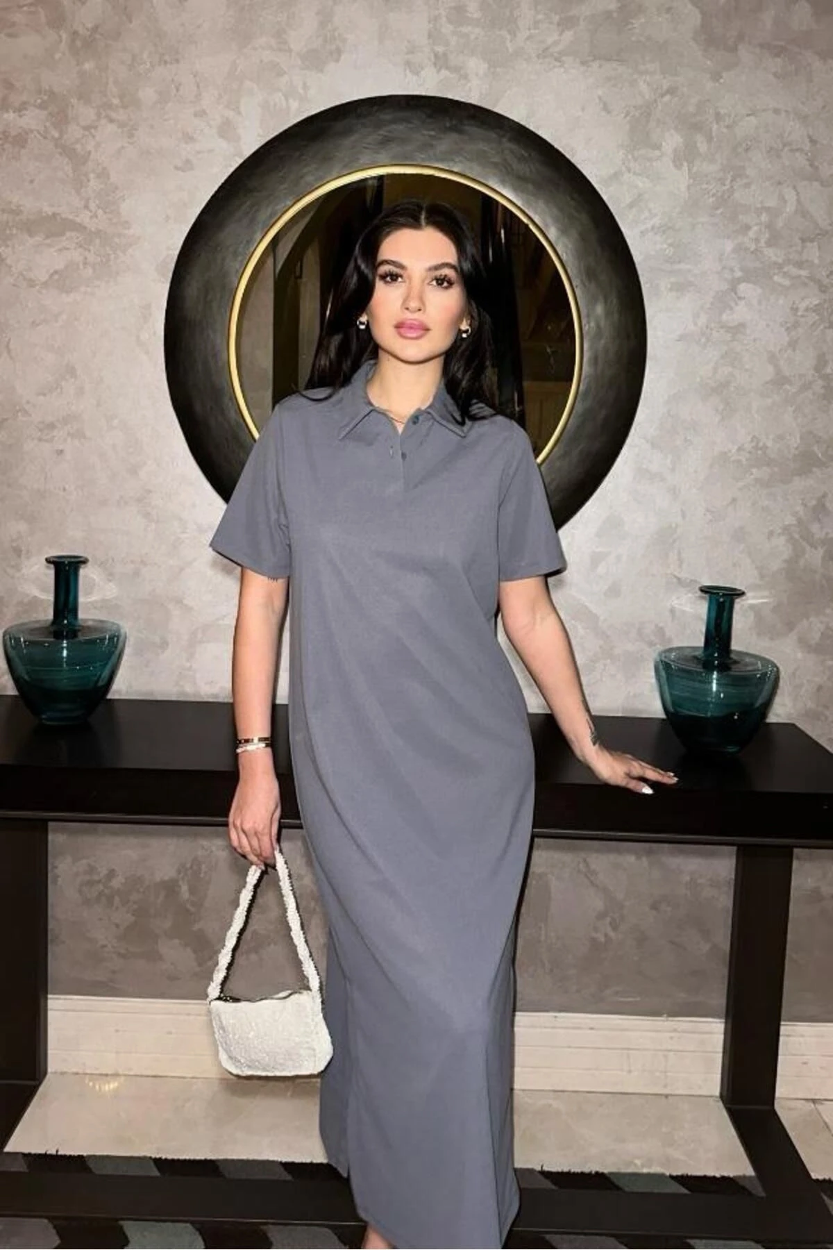 Kadın Antrasit Scuba Krep Polo Yaka Uzun Elbise