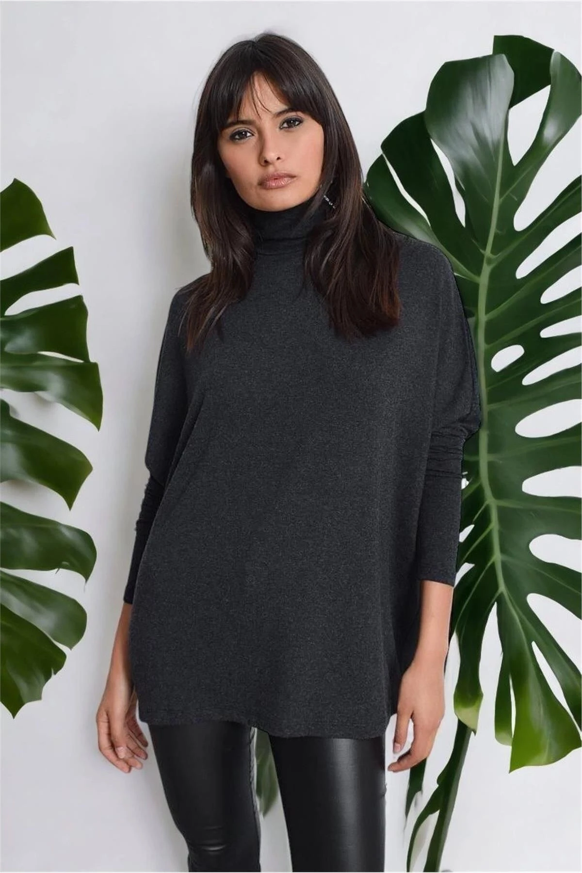 Kadın Antrasit Yeni Moda Uzun Kol Oversize Kesim Basic Örme Bluz