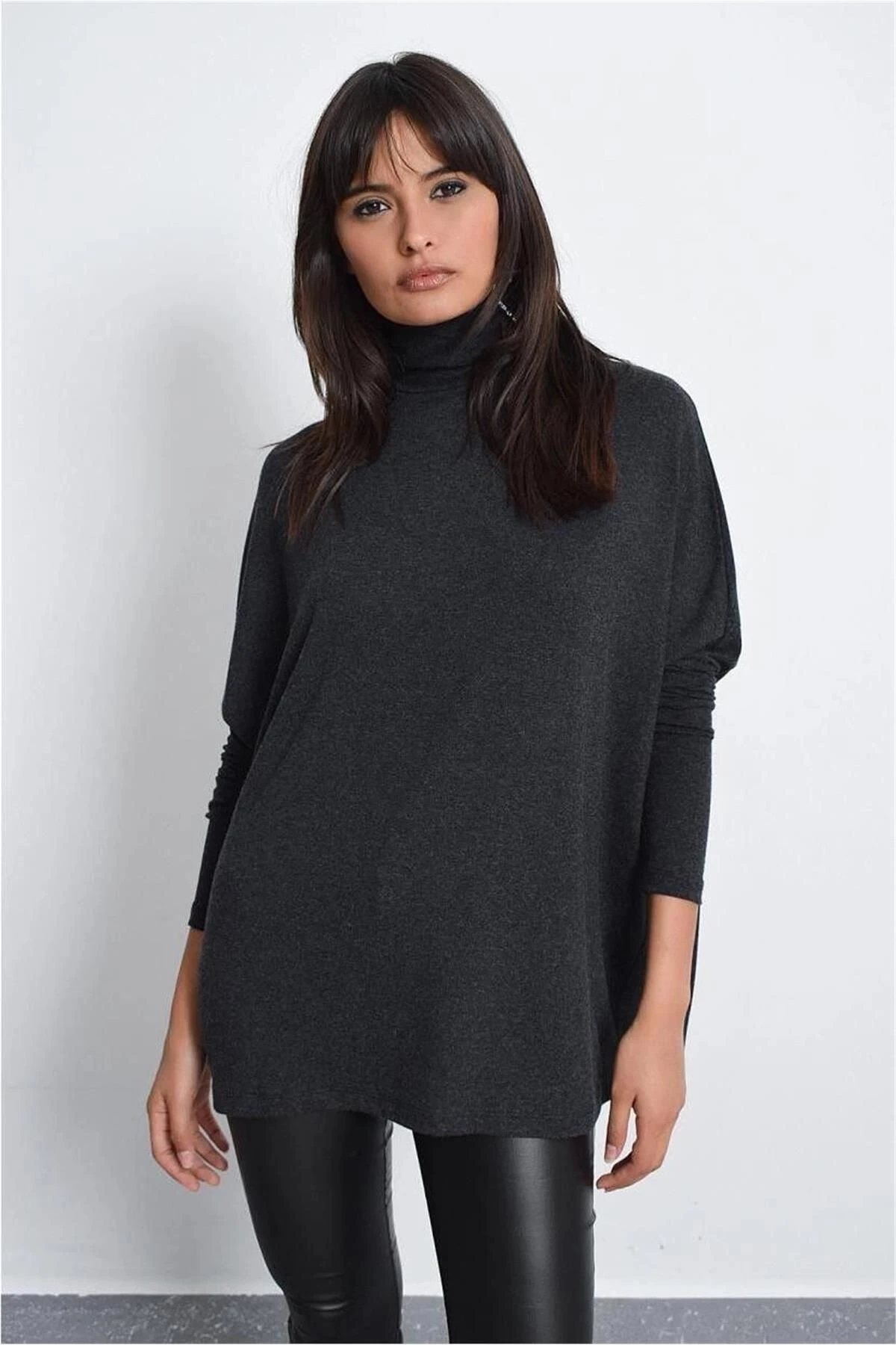 Kadın Antrasit Yeni Moda Uzun Kol Oversize Kesim Basic Örme Bluz