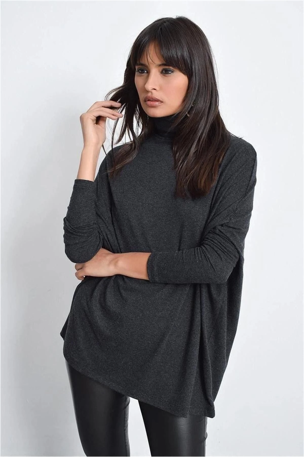 Kadın Antrasit Yeni Moda Uzun Kol Oversize Kesim Basic Örme Bluz