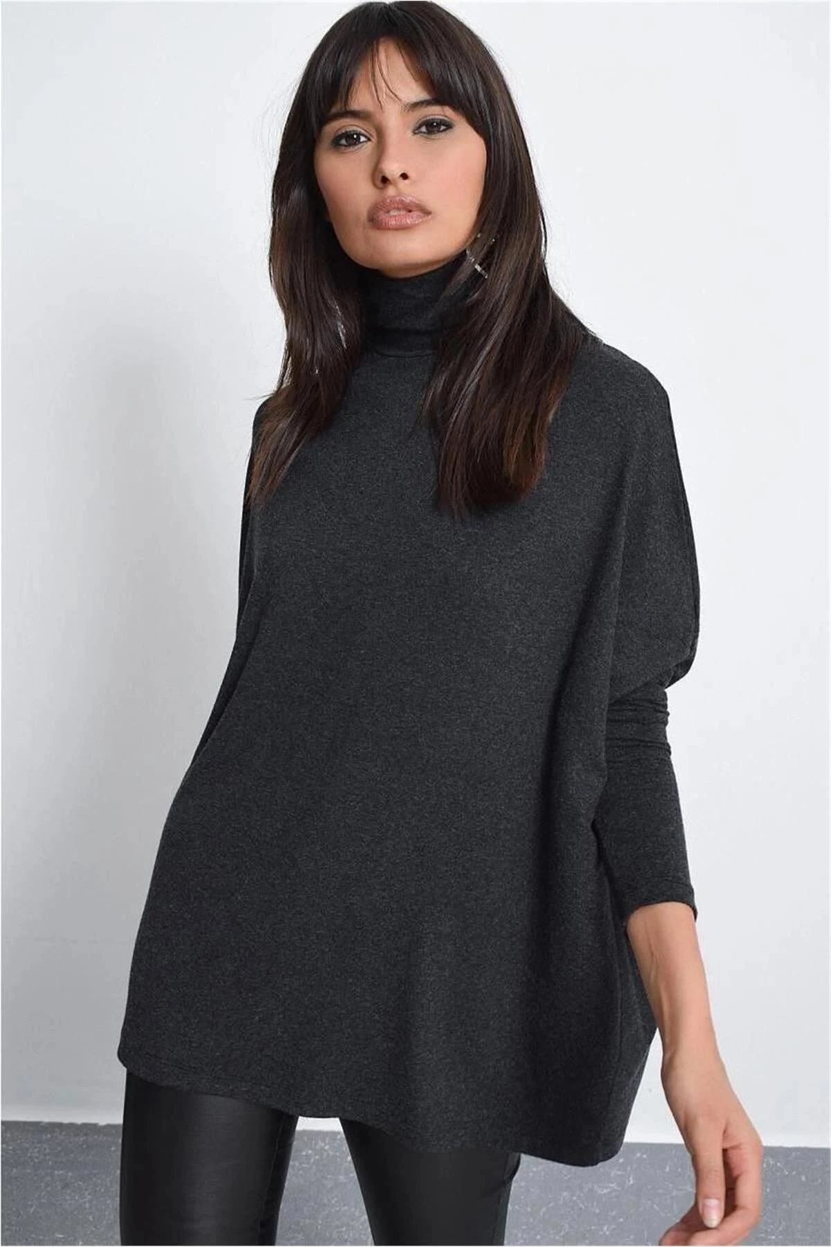 Kadın Antrasit Yeni Moda Uzun Kol Oversize Kesim Basic Örme Bluz